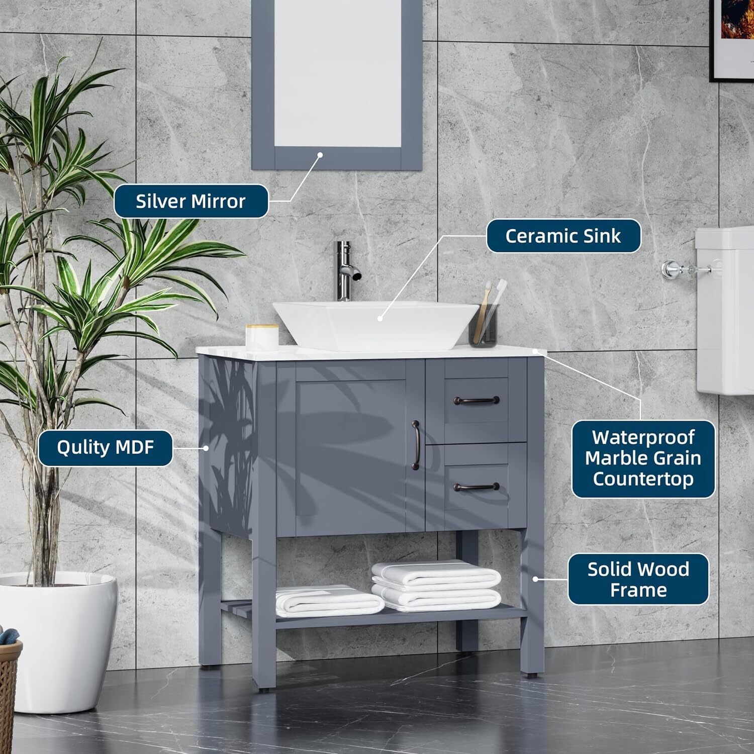 30″ Grey Bathroom Vanity and Sink Combo Marble Pattern Top w/Mirror Faucet&Drain
