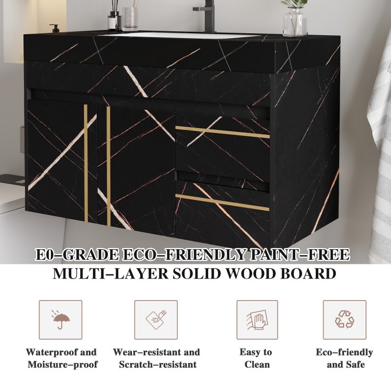 35.4in Bathroom Vanity w/Ceramic Sink Wall Mount Floating Cabinet for Small Room