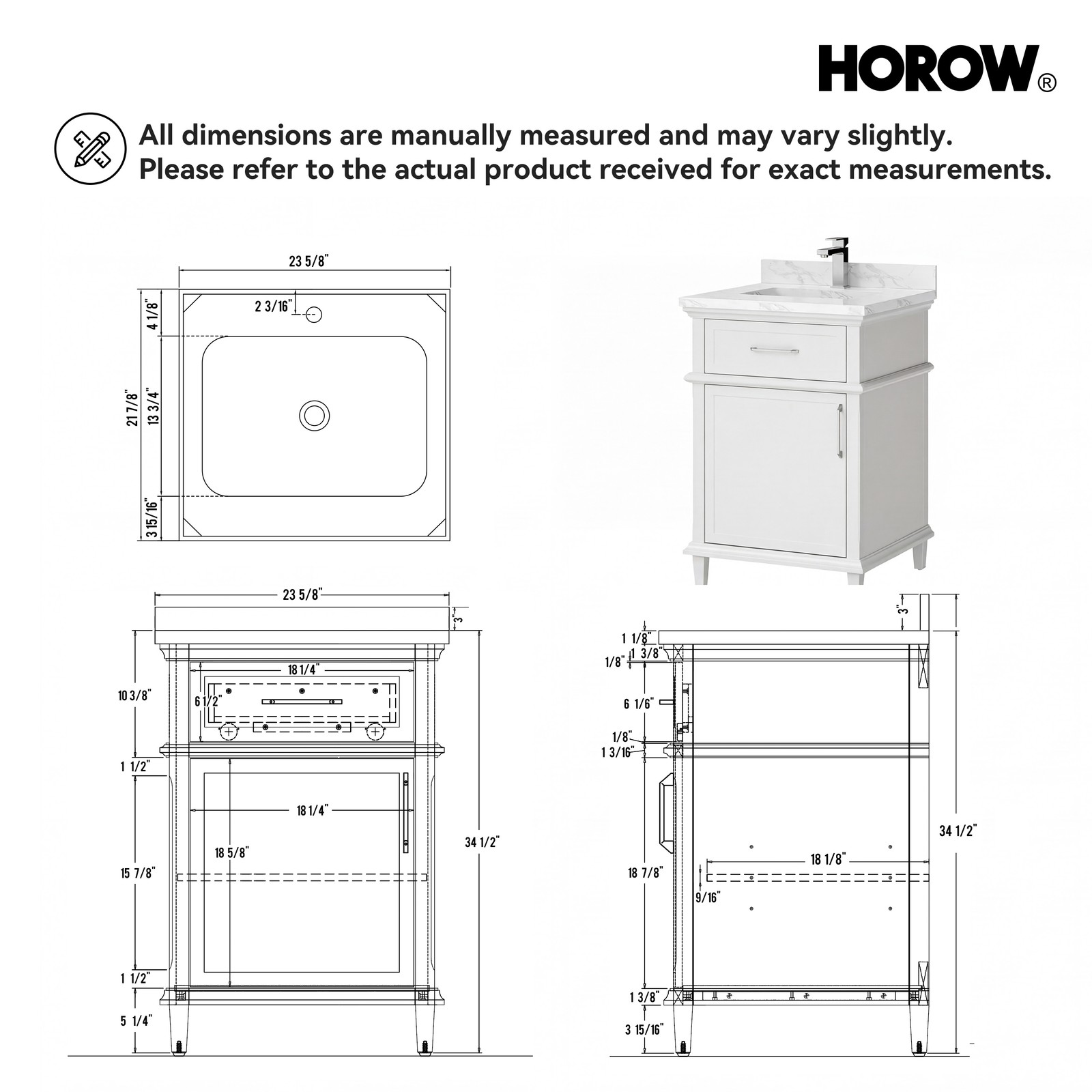 HOROW 24 Inch Bathroom Vanity with Sink, Free Standing Single Basin Vanity Set