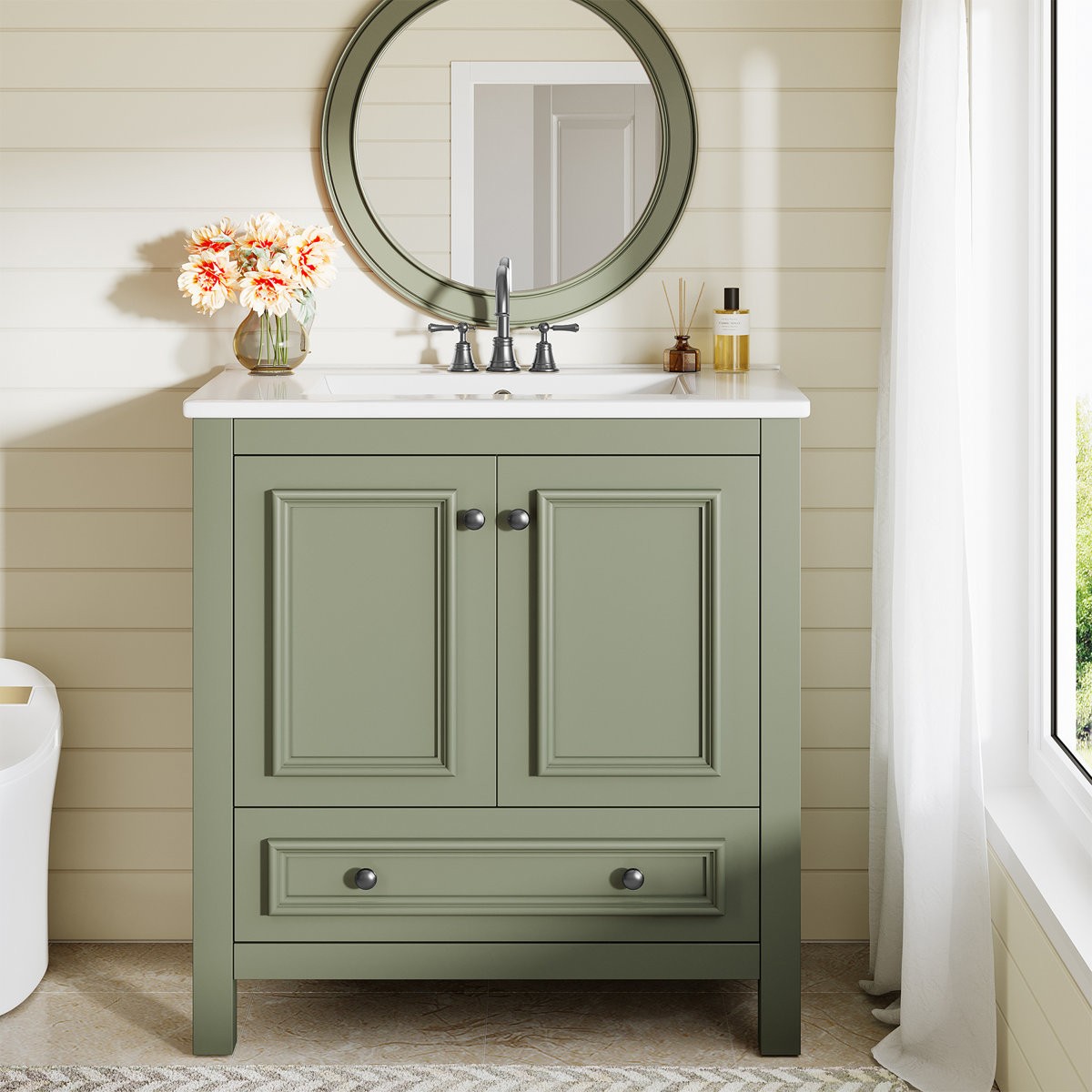 30″Bathroom Vanity Freestanding with Ceramic Sink, Storage Cabinet, Pop Up Drain