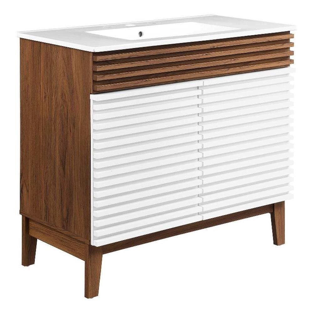 Modway Render 36″ MDF and Particleboard Bathroom Vanity in White/Walnut