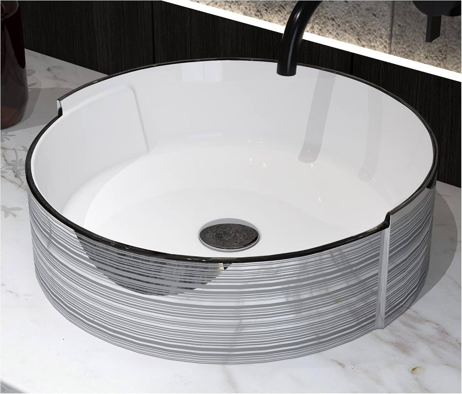 Elegant 16.75″ Silver Stripe Round Art Basin Bathroom Vessel Sink with Drain