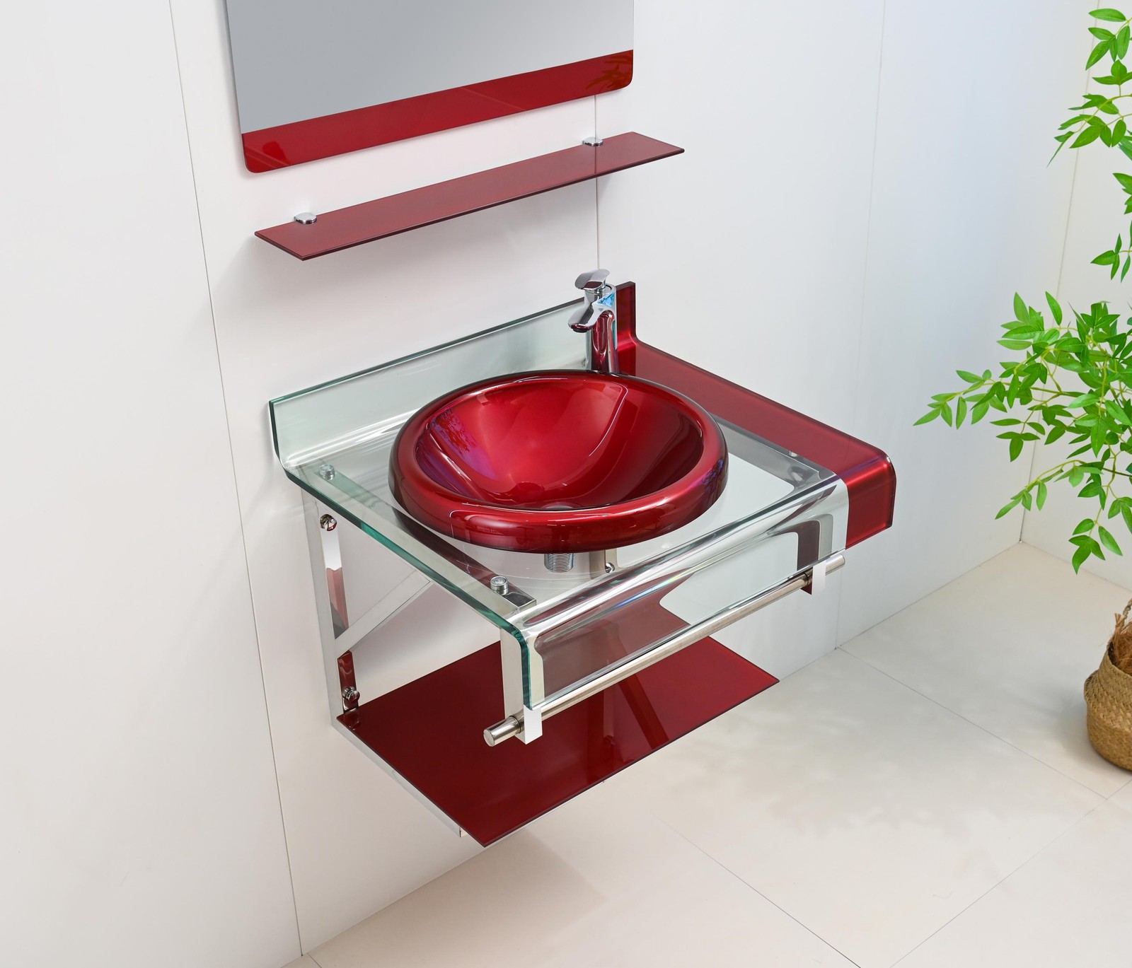 24″ Wine Red Tempered Glass Bathroom Vanity Floating Sink-top Mirror Shelves set