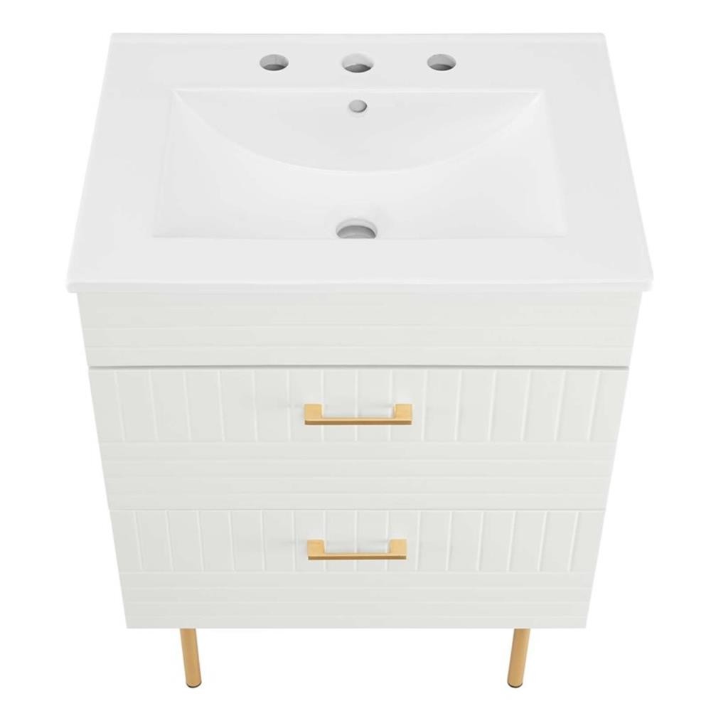 Pemberly Row 24″ Modern Wood/Ceramic Bathroom Vanity with Gold Legs in White