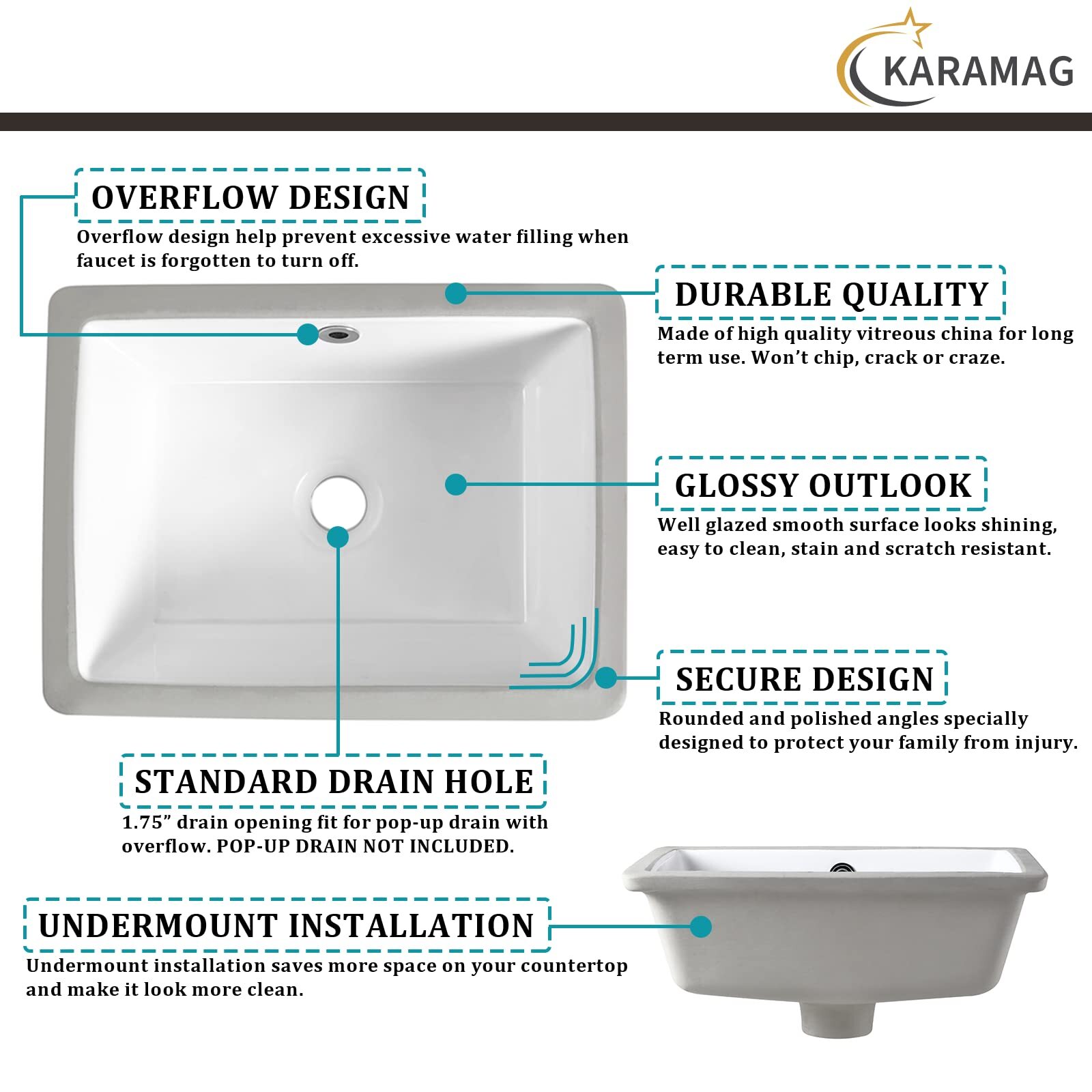 16 Inch Undermount Bathroom Sink Small Rectangle Undermount Sink White Cerami…