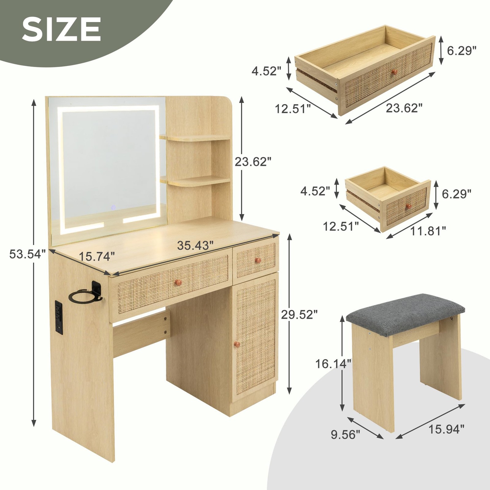 35 Boho Vanity Desk LED Mirror Power Strip Rattan Drawers Storage Shelves Stool