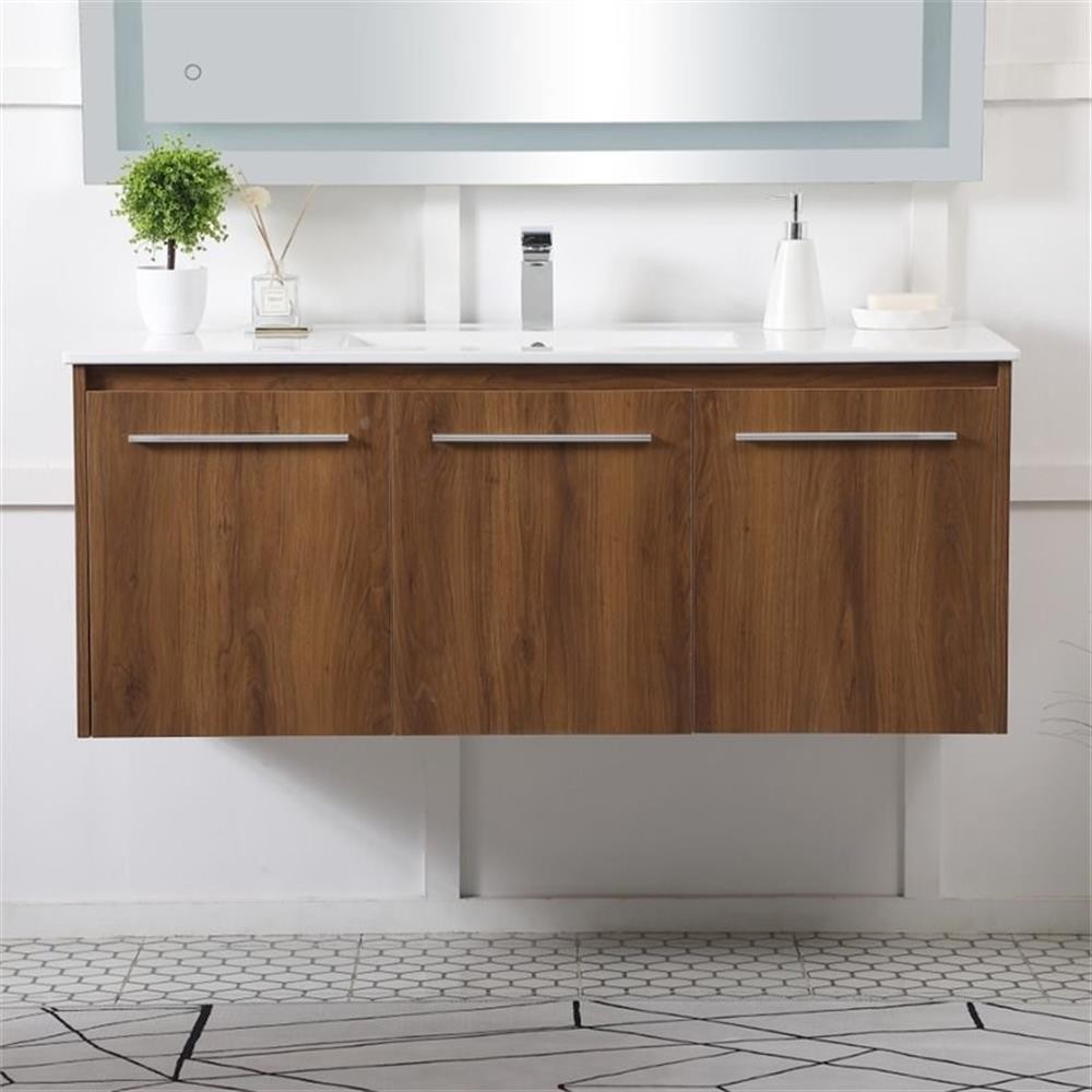 Pemberly Row 48″ Single Porcelain Top Floating Bathroom Vanity in Walnut