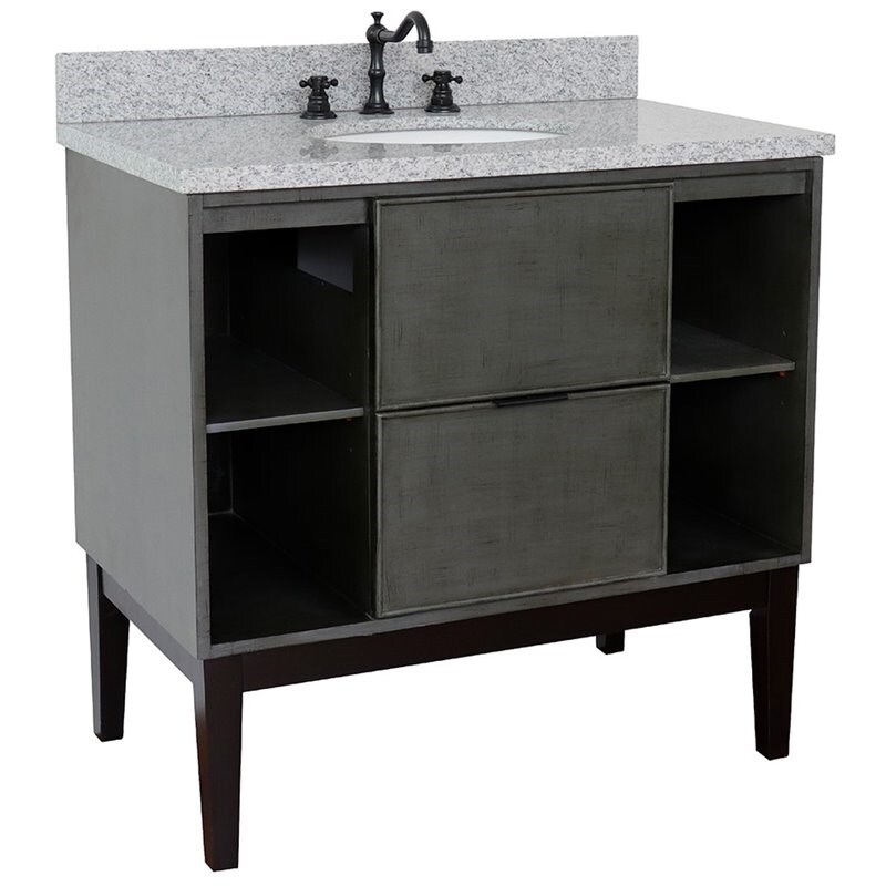 Scandi Oval Sink Solid Wood Vanity with Gray Granite Stone Top in Linen Gray