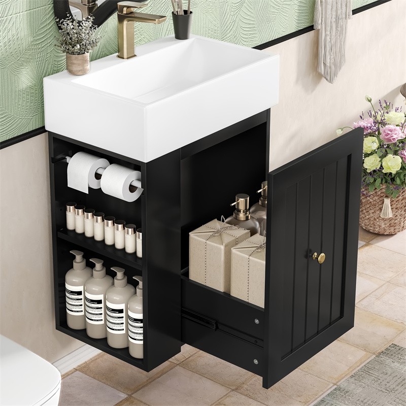 20″ Bathroom Vanity w/Ceramic Sink Black Storage Cabinet with Drawer,Side Shelf