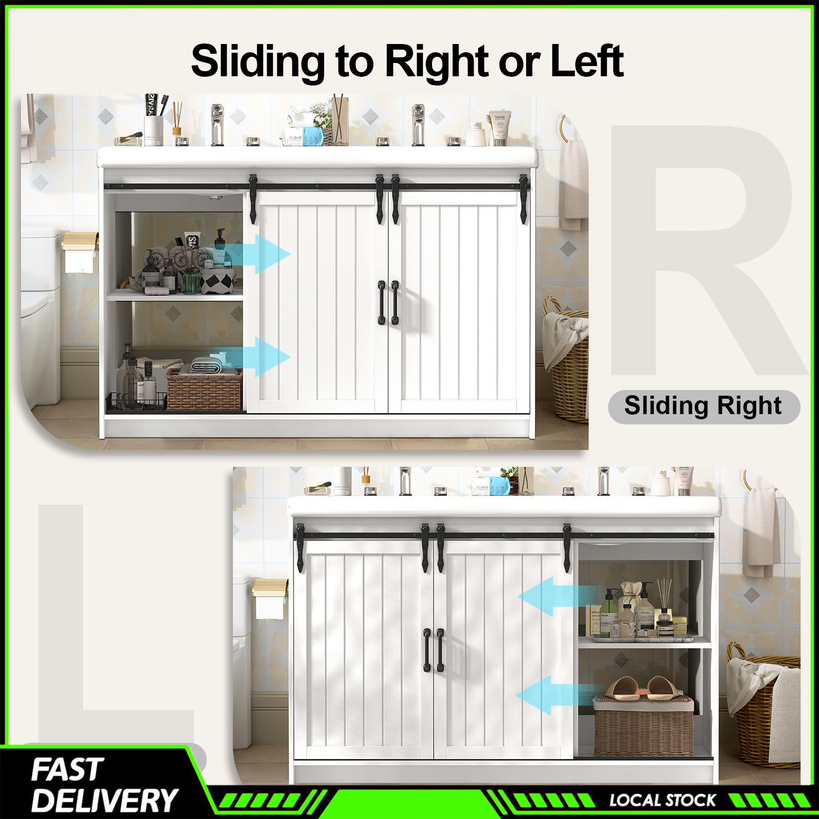 Modern 47″ White Bathroom Vanity Double Ceramic Sinks 2 Drawers 2 Sliding Doors