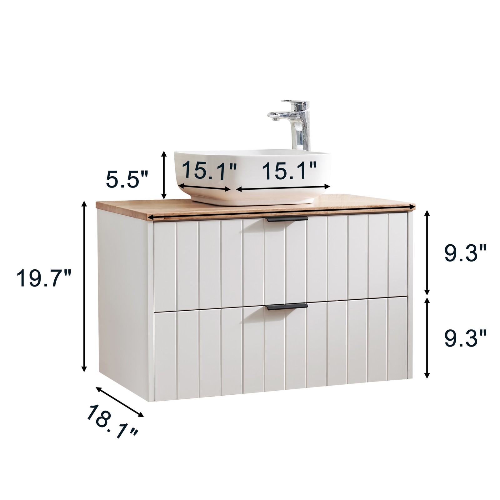 32″ Double Drawer Wall-Mounted Bathroom Vanity,White Cabinet w/Ceramic Sink