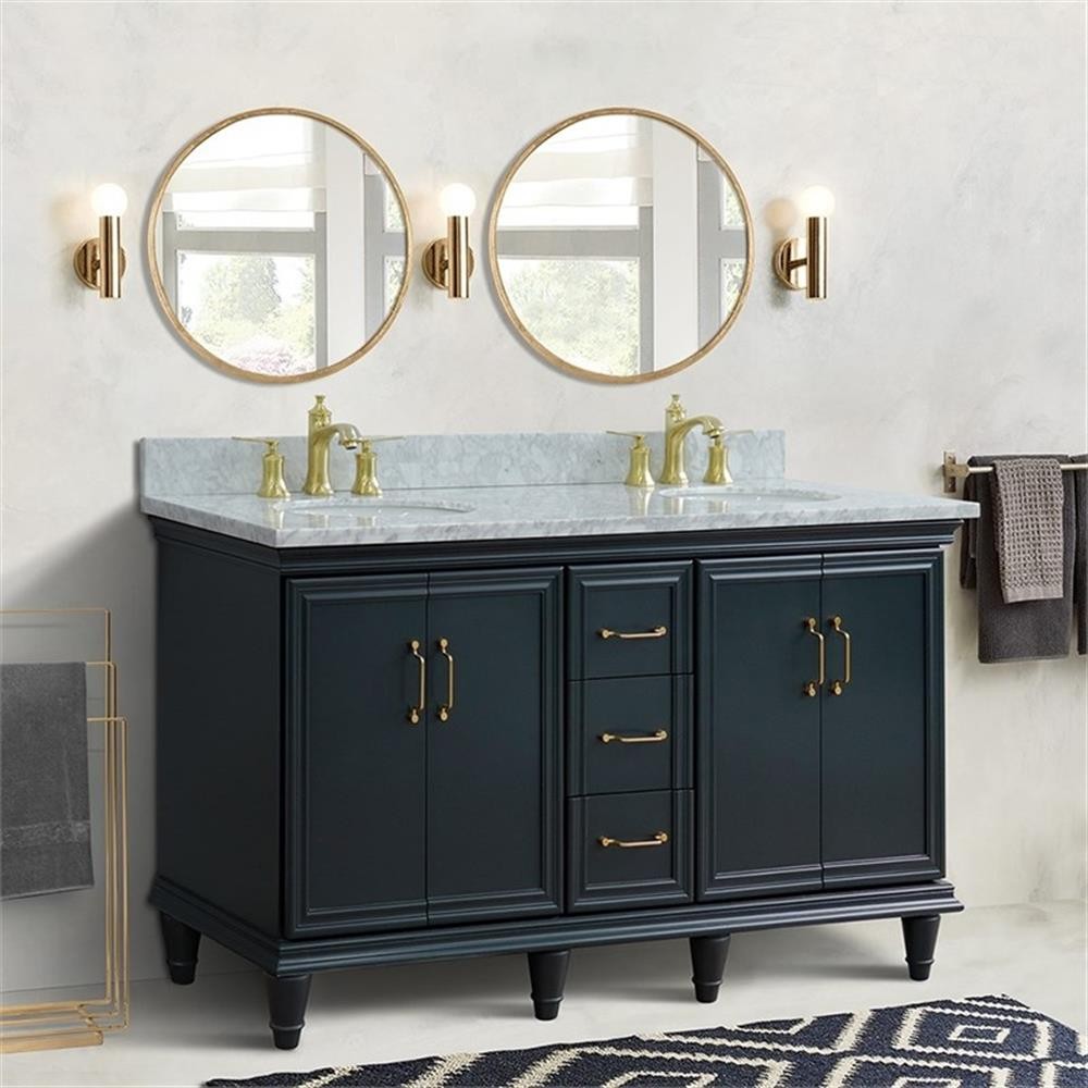 61 in. Double Wooden Vanity Dark Gray White Carrara Marble Oval Sink