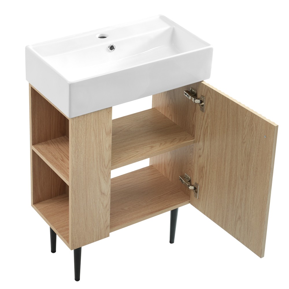 21.6″ Wood Bathroom Vanity，Ceramic Sink，Free-Standing Cabinet，Left Side Storage