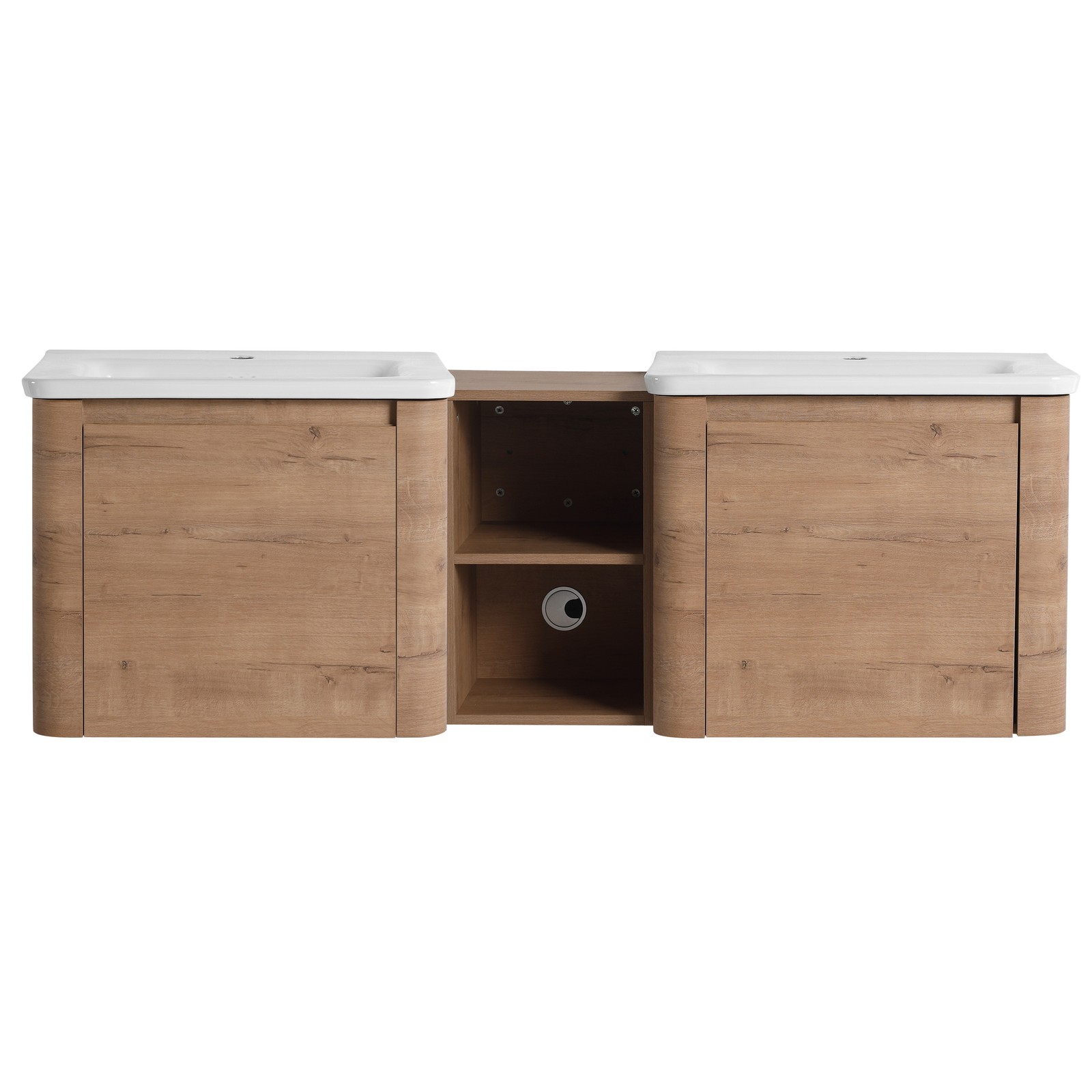 60in Wall-Mounted Bathroom Vanity W/ Double White Ceramic Sink Storage Shelves