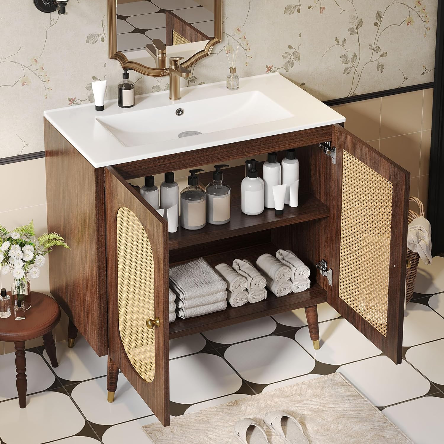 36″ Walnut Rattan Bathroom Vanity with Sink & Soft-Closing Doors, Boho Style