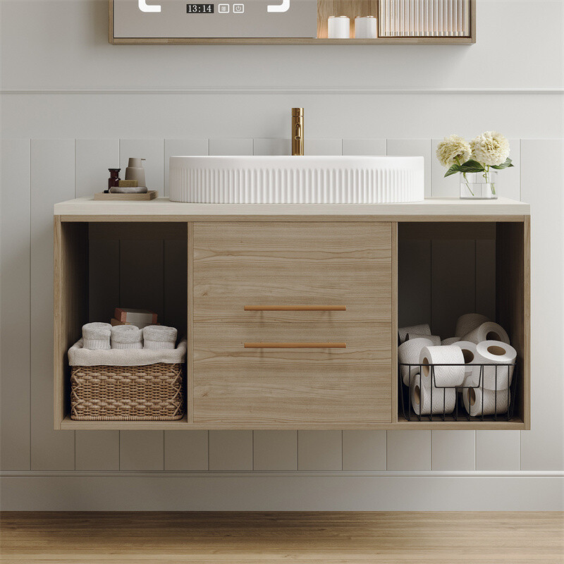 Modern Wall-Mounted Floating Cabinet Bathroom Vanity with Oval Sink & 2 Drawers