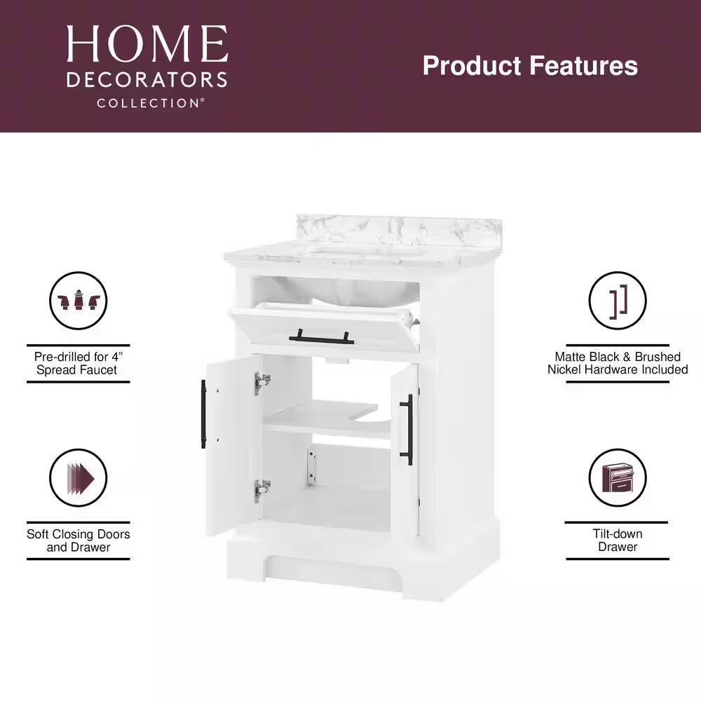 Doveton 24 In. Single Sink Freestanding White Bath Vanity with White Engineered