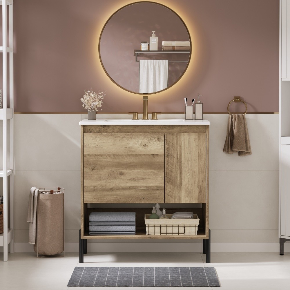 Wooden Bathroom Cabinet Sliding Drawers Ceramic Basin Countertop Open Shelving