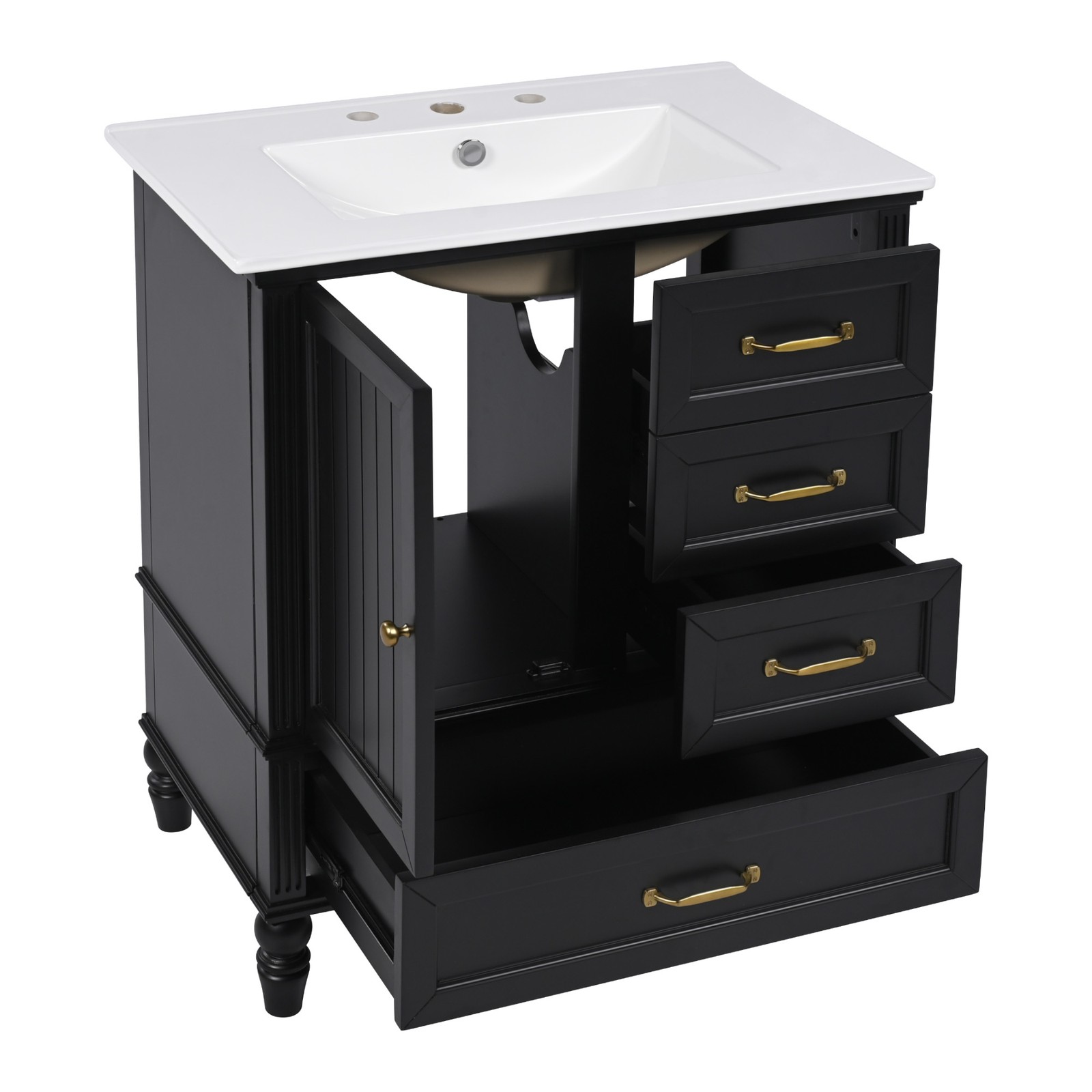 30″ Bathroom Vanity with Sink & Cabinet, Black, Solid Wood & MDF