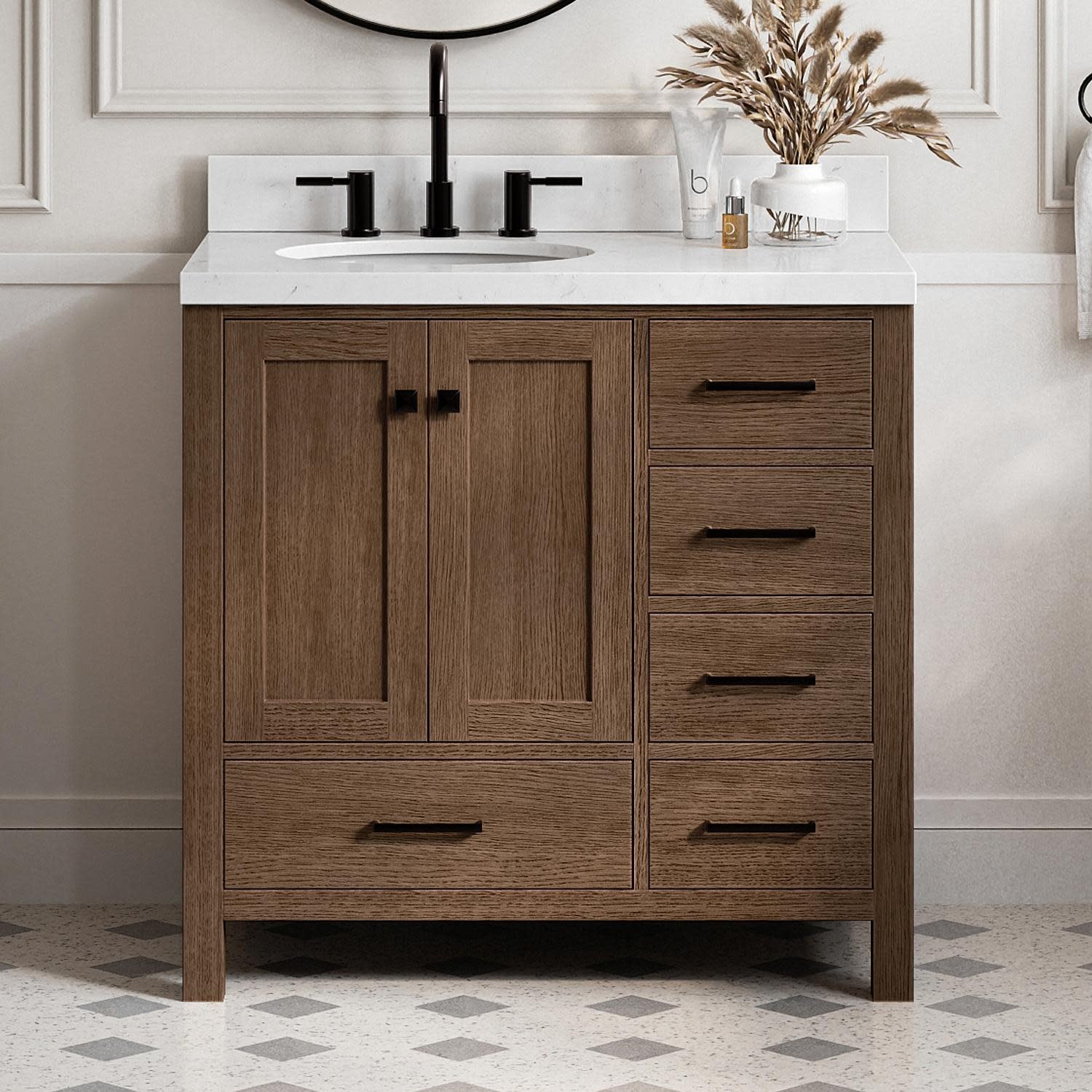 Ariel A036SLCQOVO Cambridge 36″ – Brown Oak / Carrara White Quartz / Satin Brass