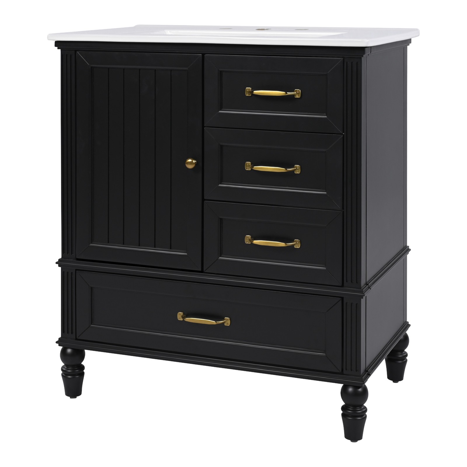 30″ Bathroom Vanity with Sink, Bathroom Cabinet with A Door, Three Drawers Black