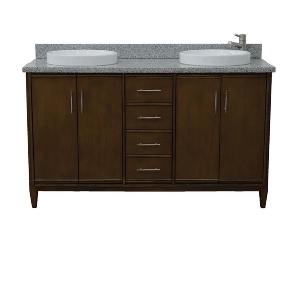 Pemberly Row 61″ Double Round Sink Vanity with Gray Granite Stone in Walnut