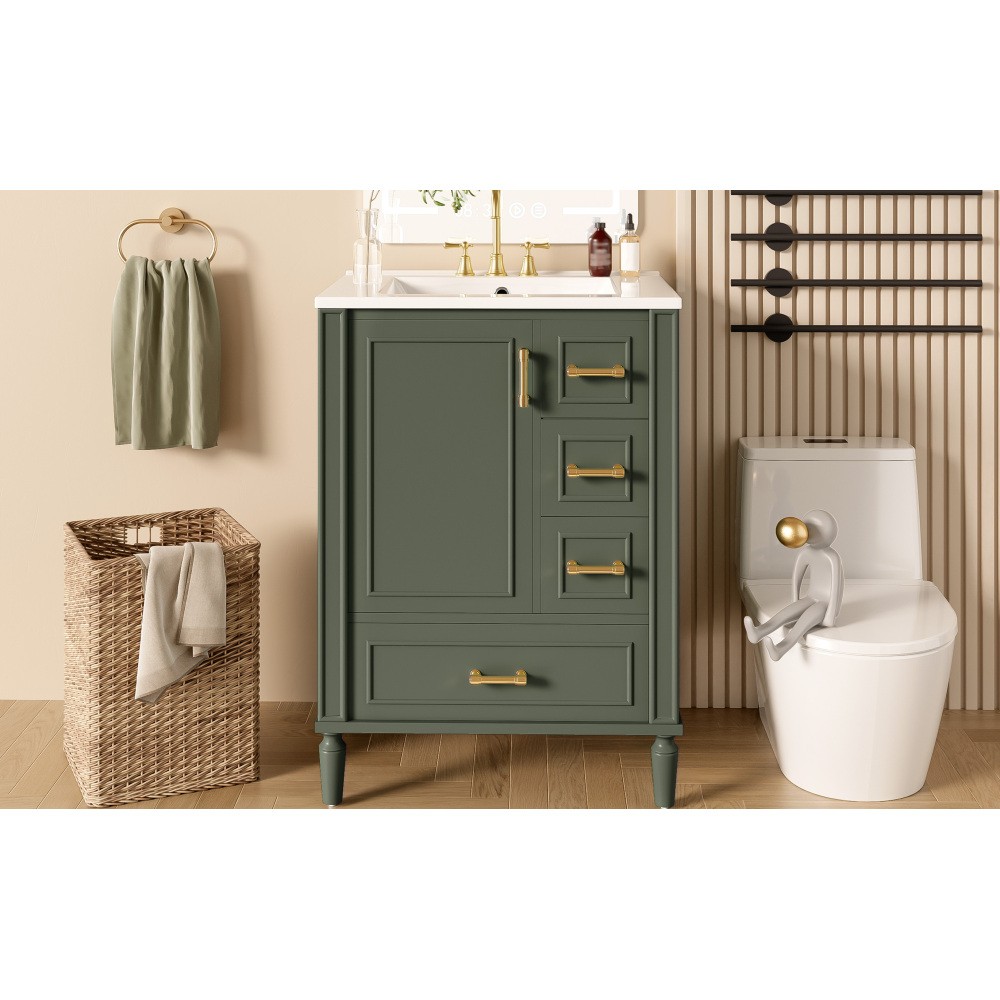 24″ Modern Bathroom Vanity with Ceramic Sink, Soft-Close Door, 3 Drawers