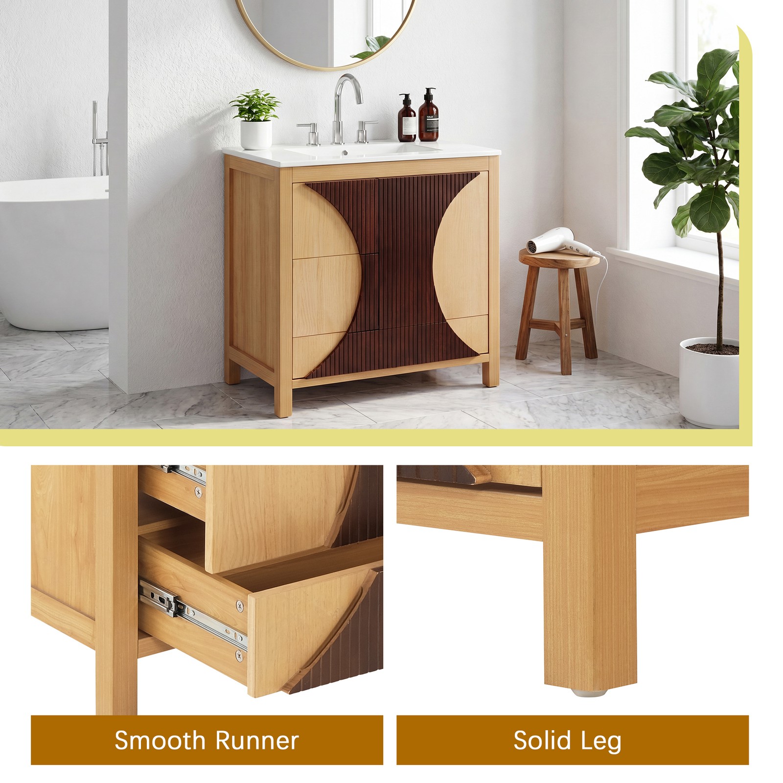 30″ Bathroom Vanity with Sink, Solid Wood & MDF, 3 Drawers, Soft-Close
