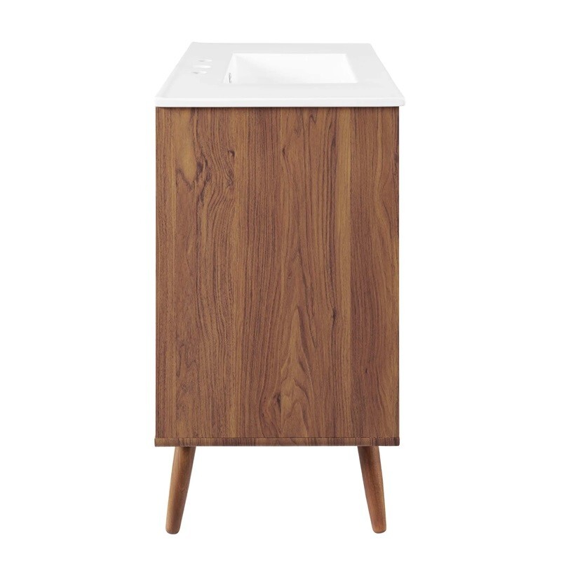 White Mid Century Modern Walnut Bathroom Vanity Ceramic Sink Single Double