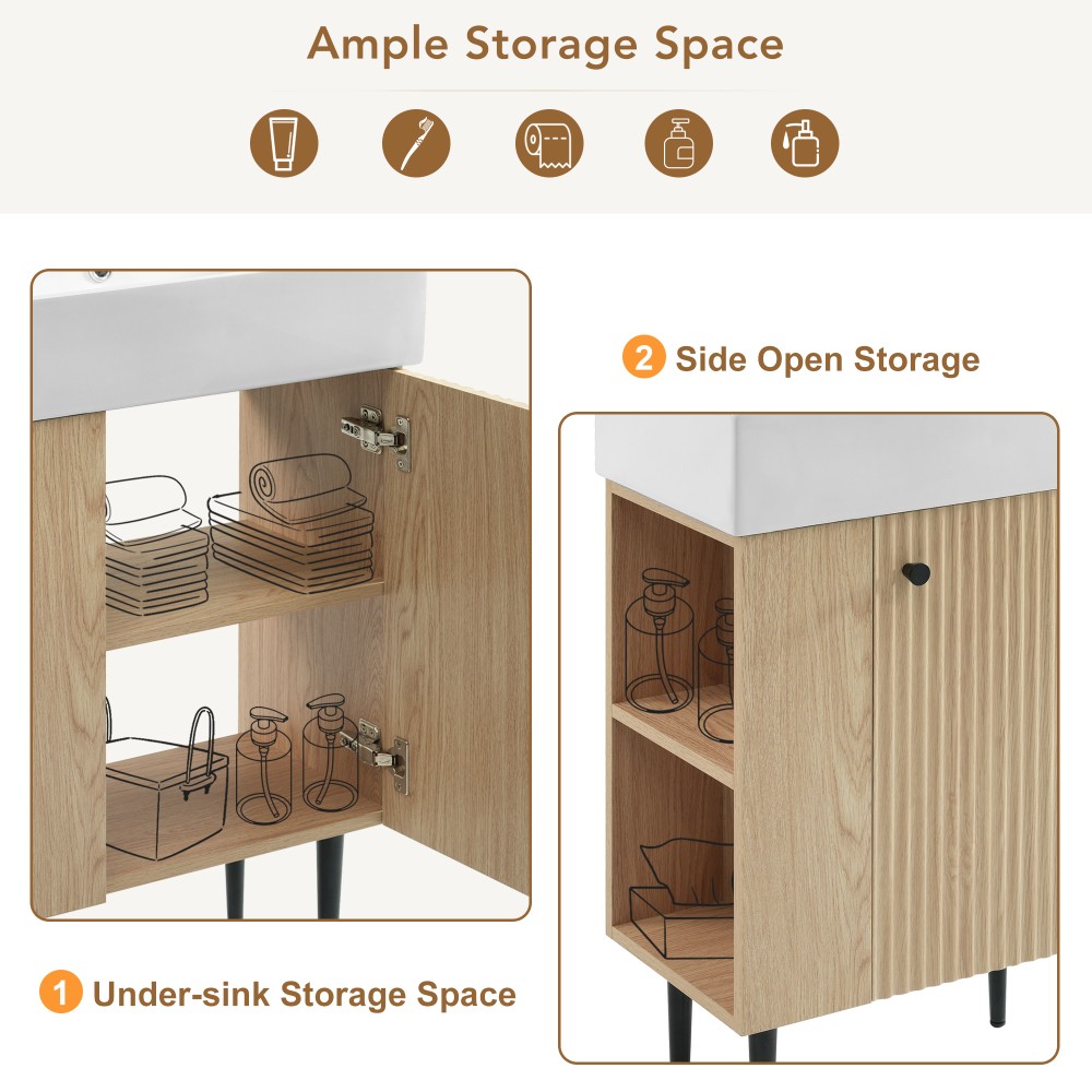 21.6″ Wood Bathroom Vanity，Ceramic Sink，Free-Standing Cabinet，Left Side Storage