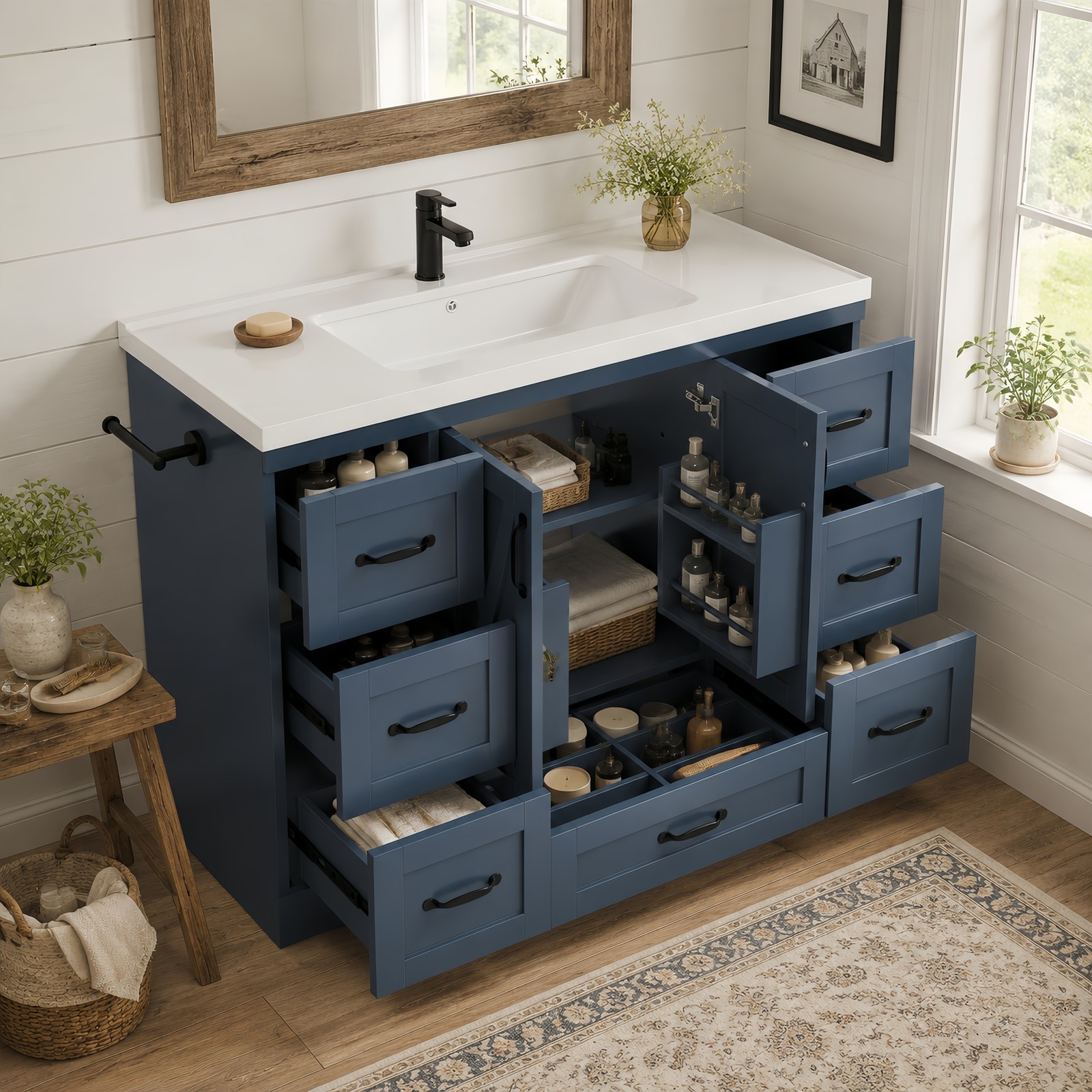 48″ Bathroom Vanity with Sink Ceramic Top Navy Blue Farmhouse Cabinet