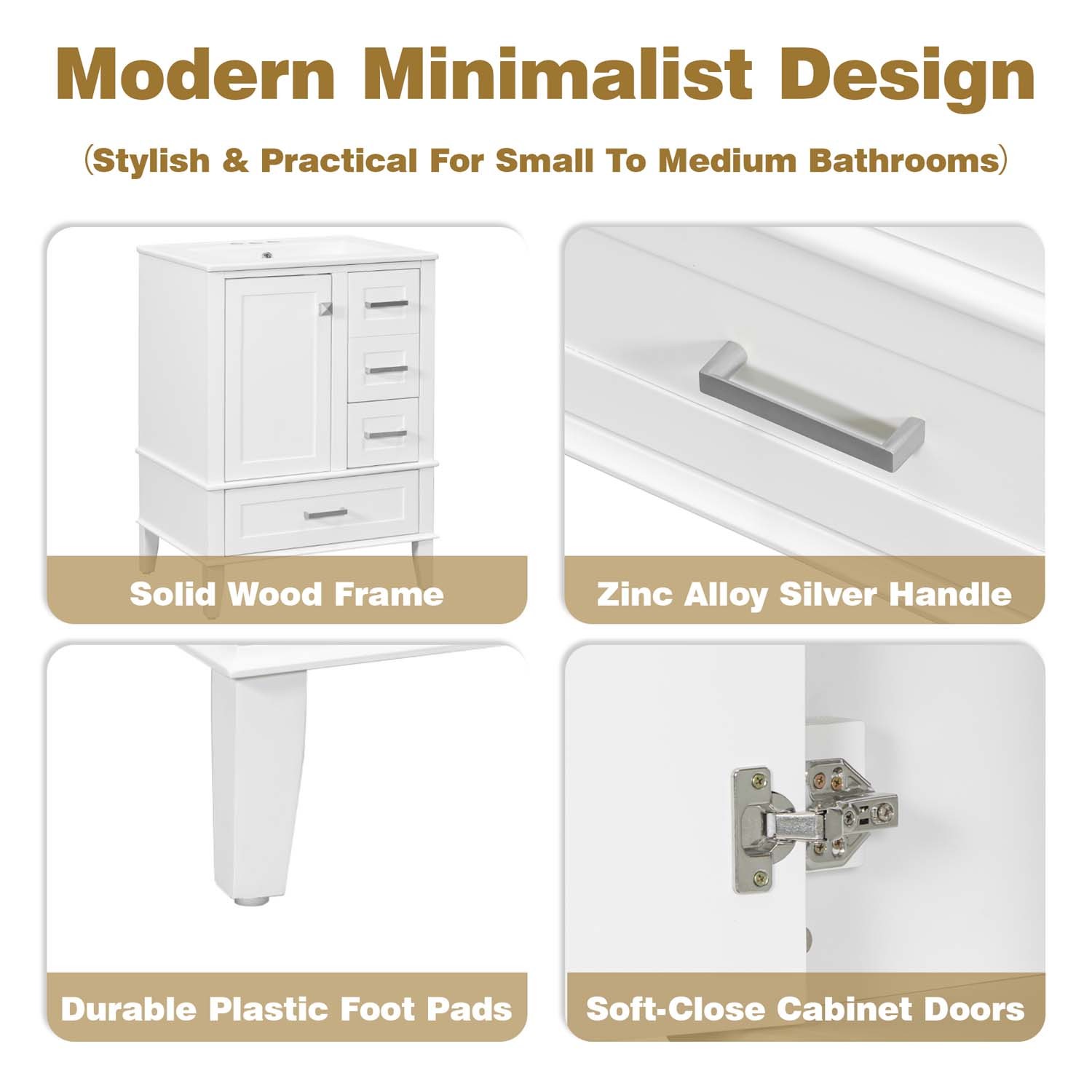 25″ Bathroom Vanity & Sink Freestanding Modern Cabinet Soft-Close Door 3 Drawers
