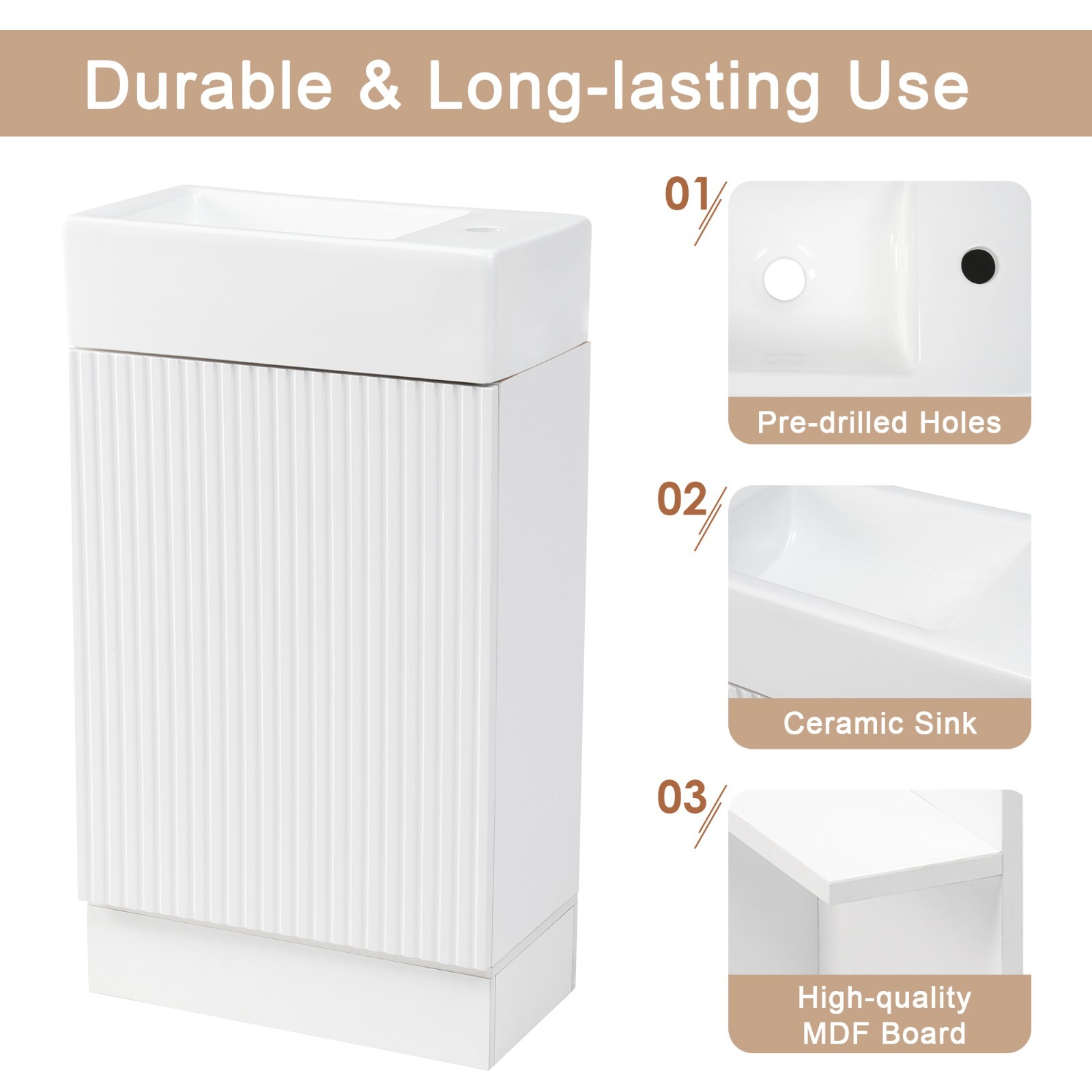 Wooden 18.6″ Bathroom Vanity Cabinet with Ceramic Sink Storage Shelf Tissue Rack