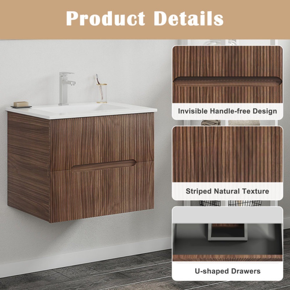 24″ Wall Mounted Single Bathroom Vanity with Ceramic Sink & Faucet, White/Oak