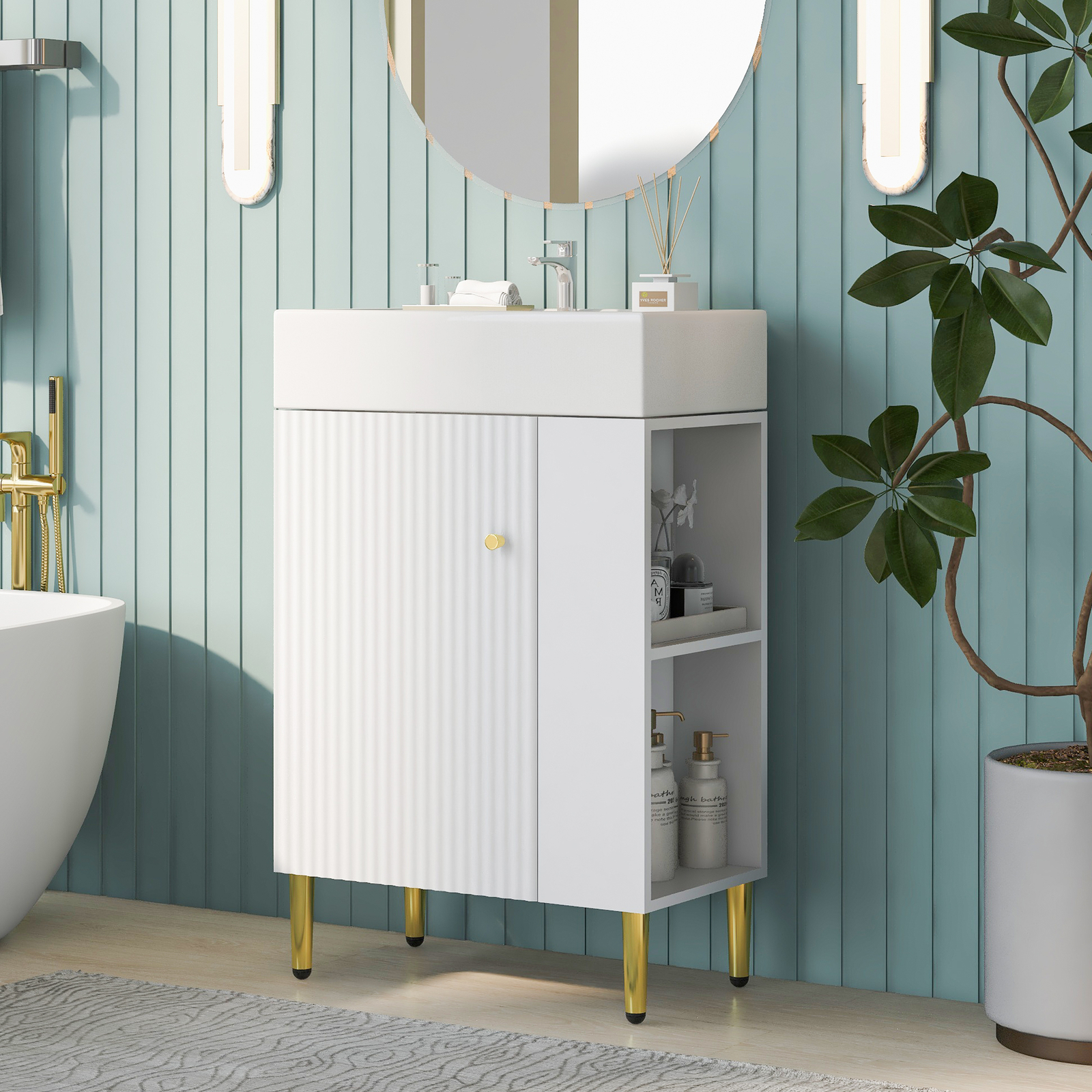21.6″ Small Bathroom Vanity with Ceramic Sink Top with 1 Door and Side Shelves