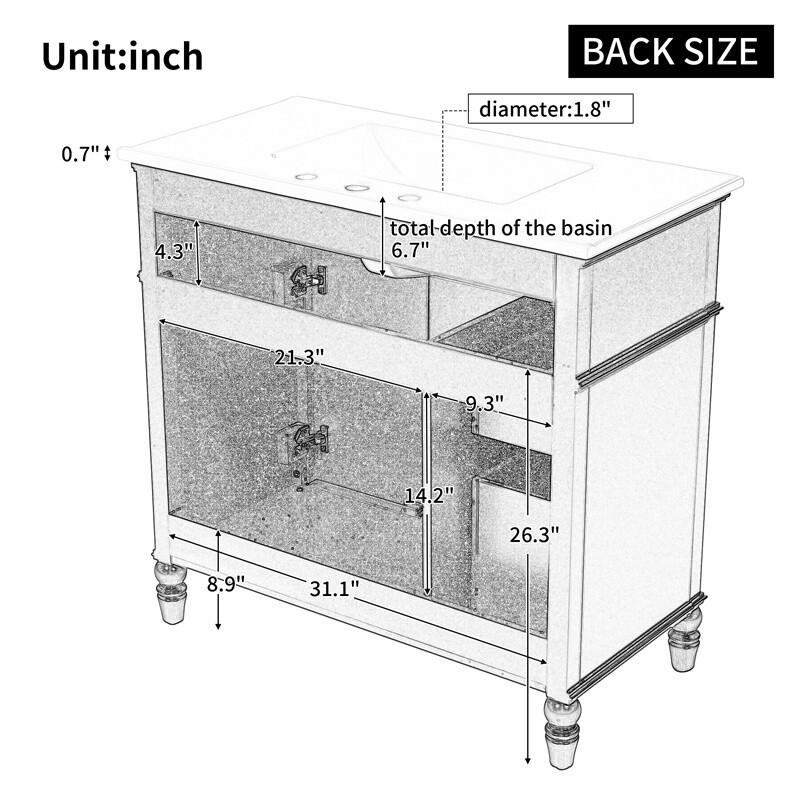 36″ Bathroom Vanity Set with Sink, Black Bathroom Cabinet w/3 Drawers & 2 Doors
