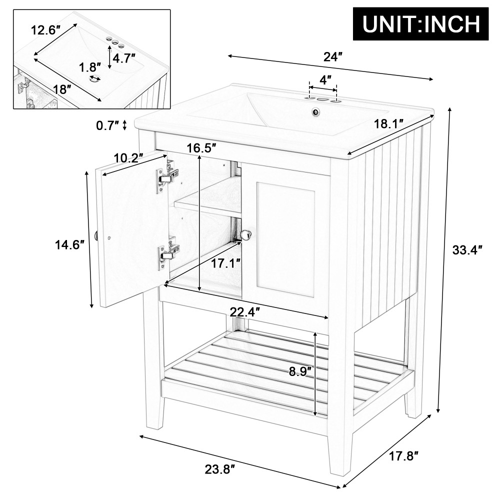24″ White Bathroom Vanity w/Ceramic Sink & Solid Wood Frame