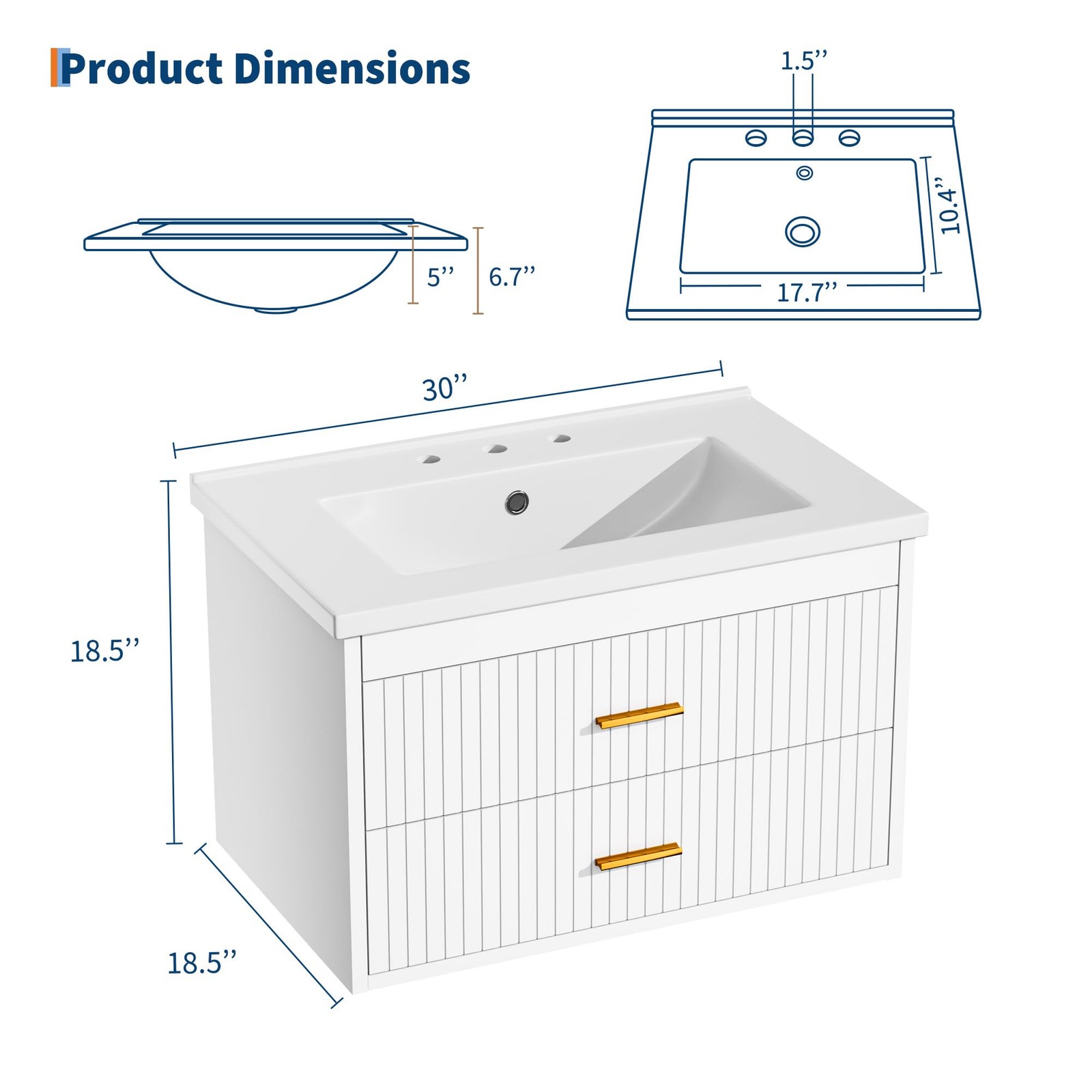 30 Inch Floating Bathroom Vanity with Sink & 2 Drawers Wall Mounted Modern