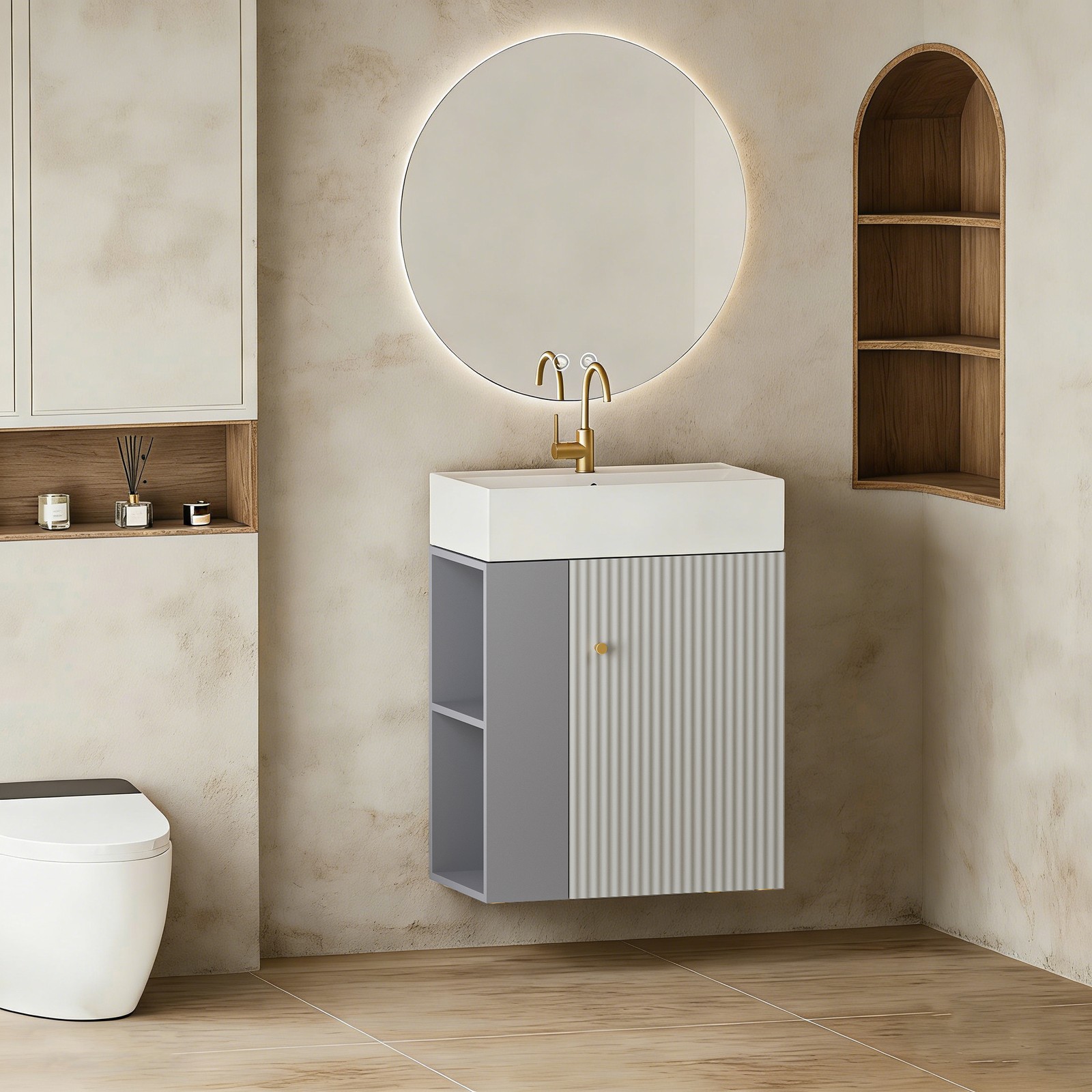 Wall-mounted Open-shelving Vanity with Ceramic Sink Grey