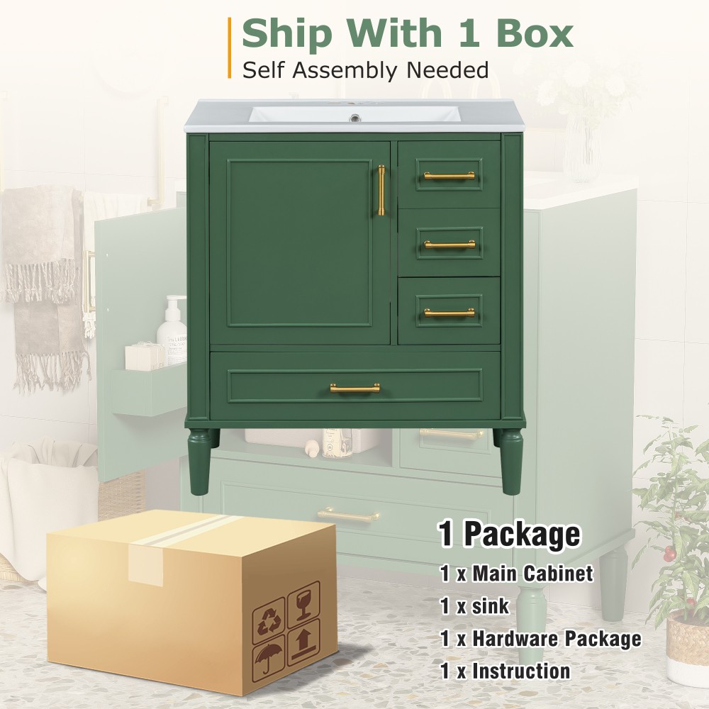 30″ Green Bathroom Vanity Ceramic Sink Soft Close Door 3 Drawers Storage Cabinet