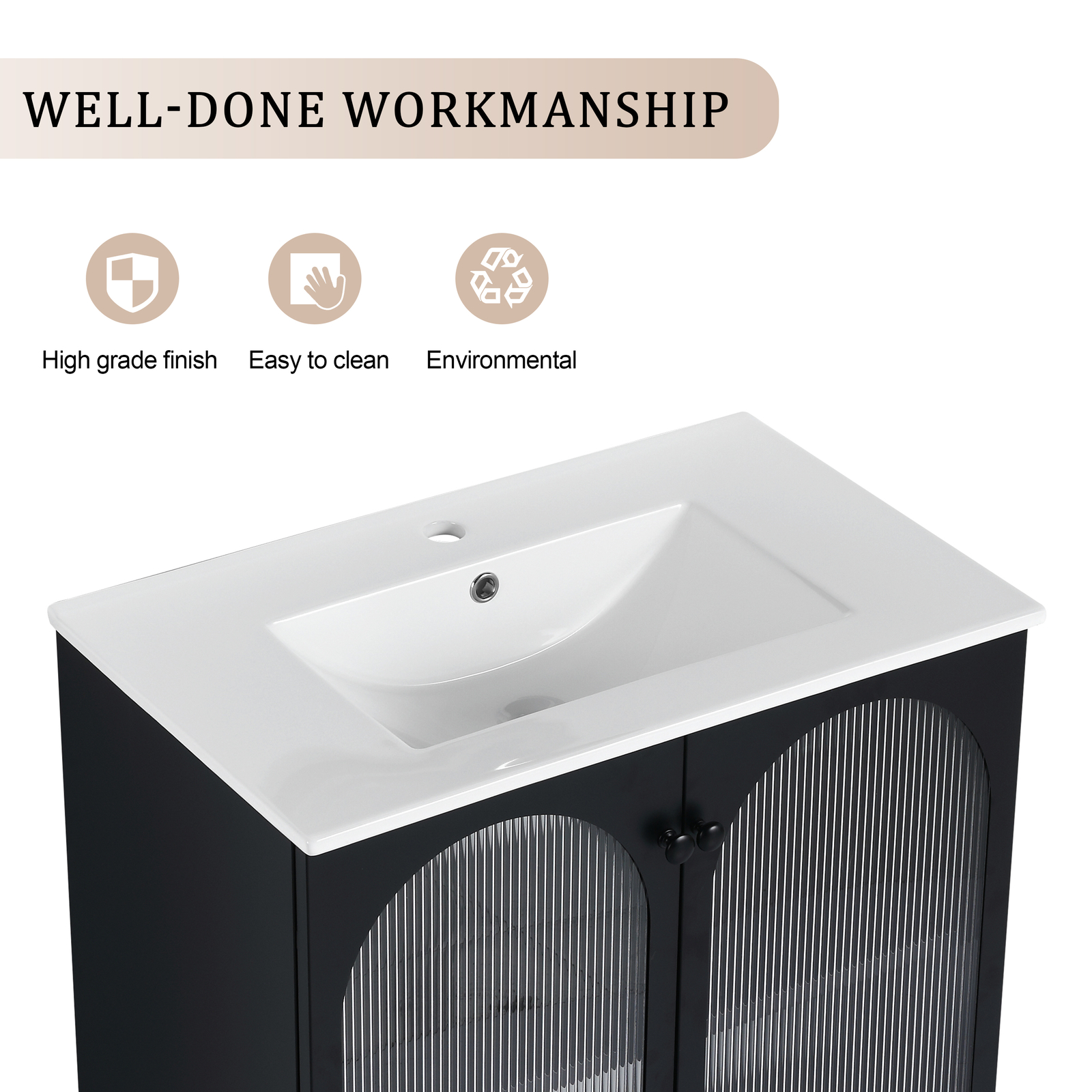 30In Metal Freestanding Bathroom Vanity Cabinet Single Ceramic Sink Basin Black