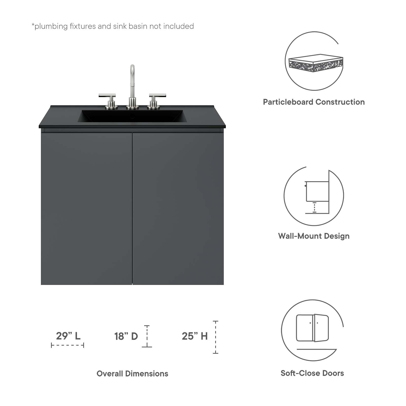 Modway Vitality 30″ Wall-Mount Bathroom Vanity in Gray