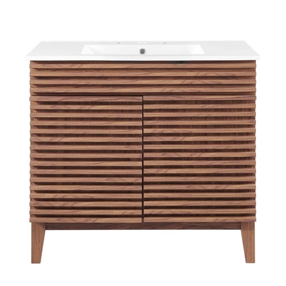 Pemberly Row 36″ Modern Wood and Ceramic Bathroom Vanity in Walnut/White