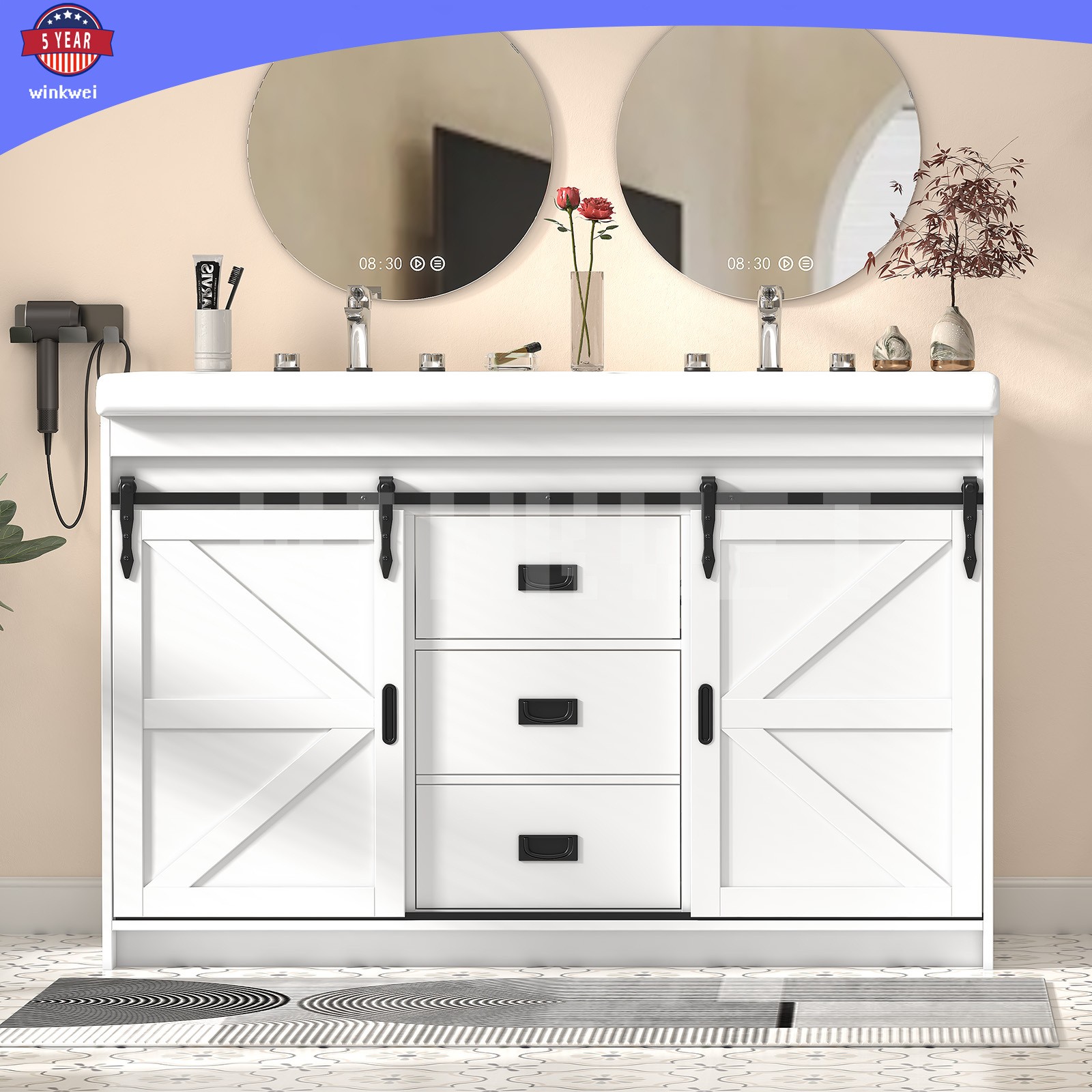 47.3″ Bathroom Vanity w/2 Ceramic Sink Cabinet w/Sliding Doors ,2 Drawers White