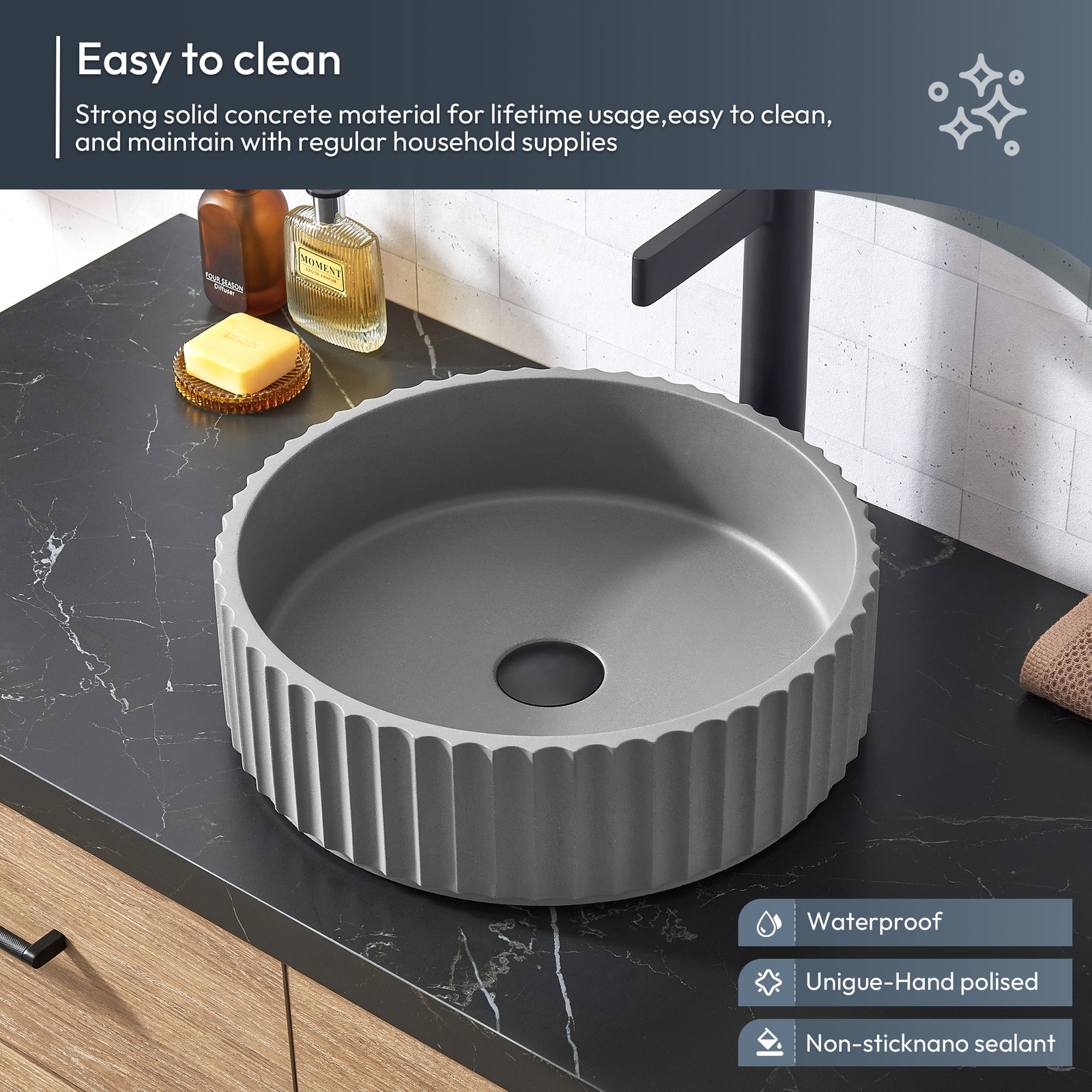 Trento 72″ Double Bath Vanity with Black Sintered Stone Top with Concrete Sink