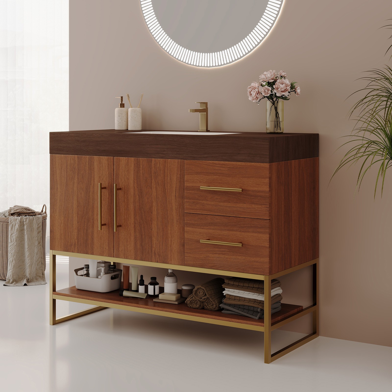 36″ Modern Bathroom Vanity w/Seamless Ceramic Sink & Sintered Stone Top Walnut