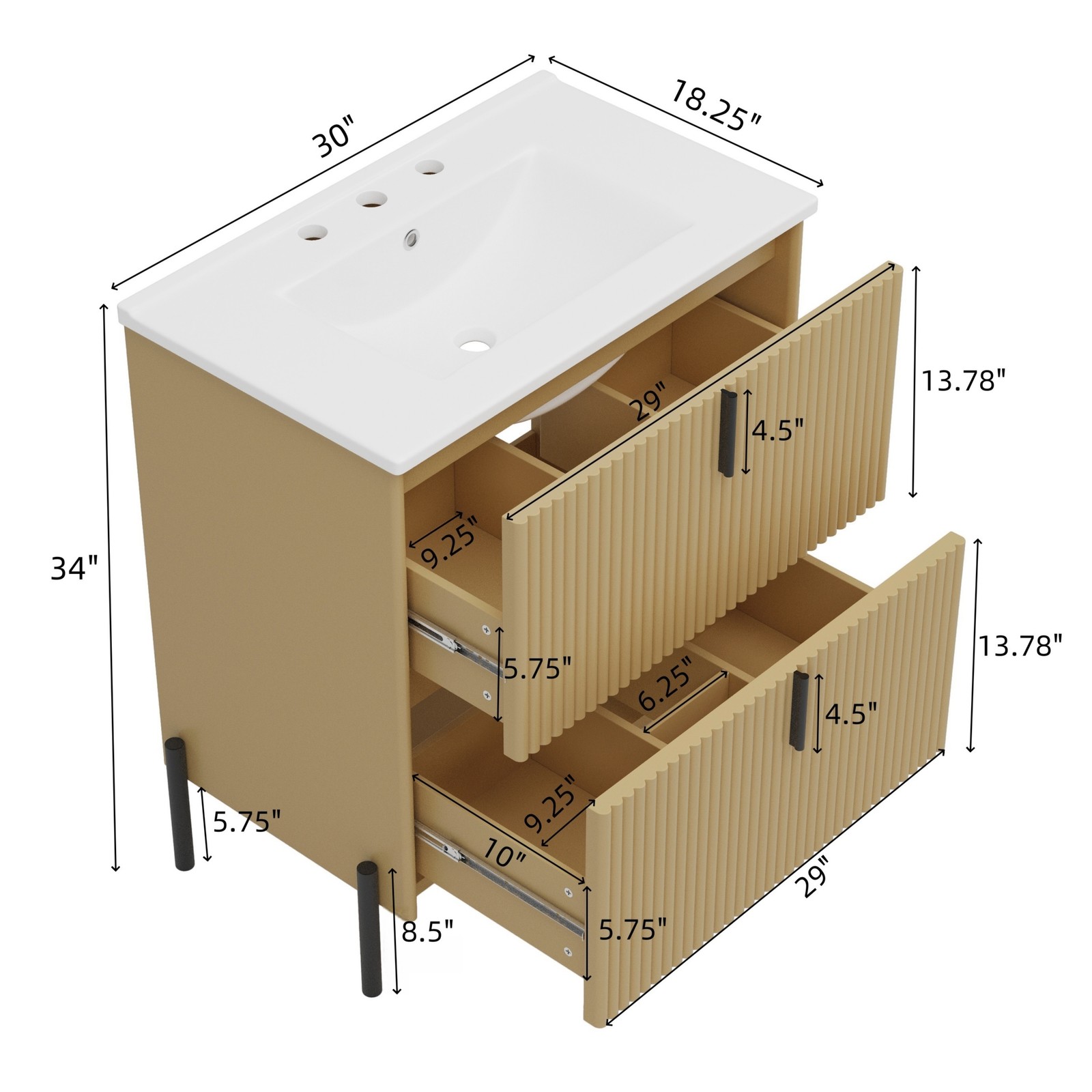 30″ Bathroom Vanity with Ceramic Sink Freestanding Bathroom Vanity w/2 Drawers