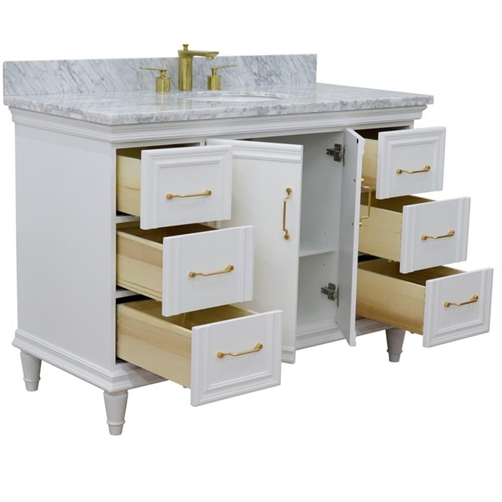 49 in. Single Wooden Vanity White with White Carrara Marble Oval Sink