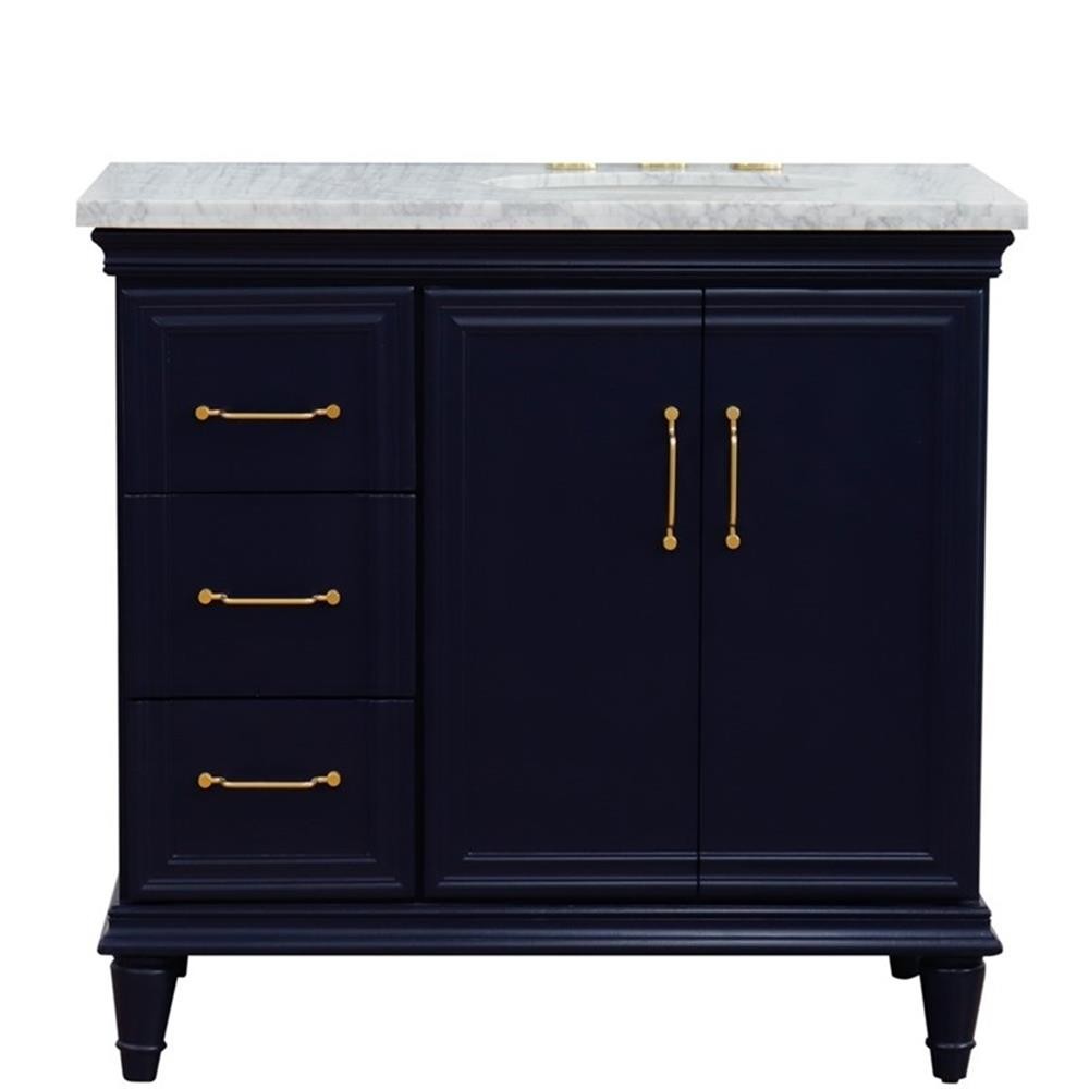 37 in. Single Wooden Vanity Blue White Carrara Oval Right Door.Right Sink
