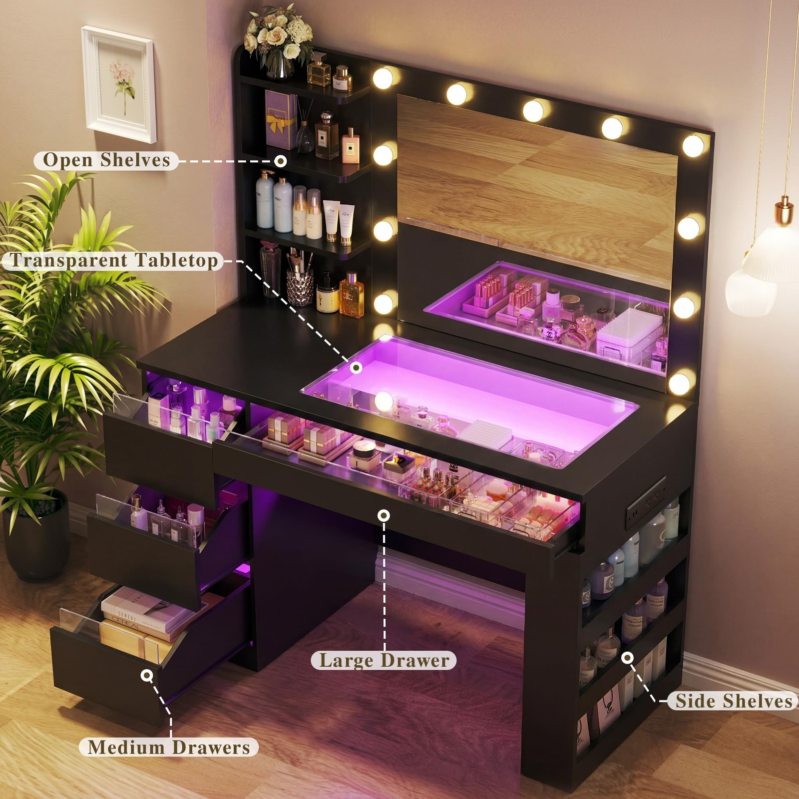 Vanity Desk Lighted Mirror Transparent Drawers RGB Power Outlet Storage Bedroom